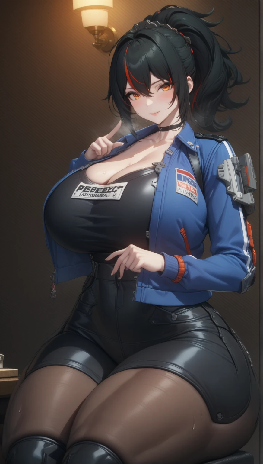 Close-up of a woman in a blue leotard posing for a photo, huge tit, Fitness model,Fair skin,Kim Kardashian as Police Officer, Outfit: puff, Wearing a police uniform, tight costume, cleavage, Violet Myers, intriguing outfit, officer, thicc, Dressed in blue, very sexy outfit, 4 k post, 4k post, wearing tight suit, amouranth, tight attire