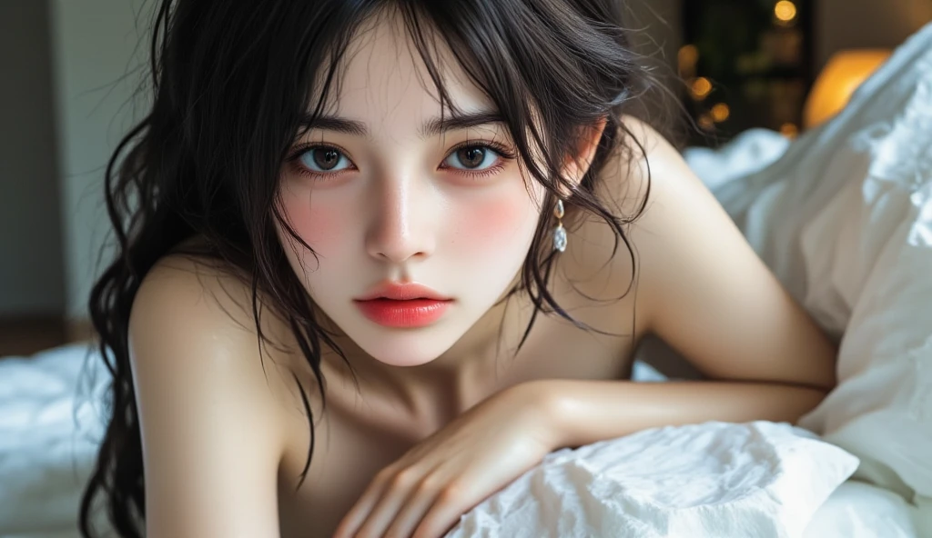 Amazing portrait of a woman who is 30 years old and an adult and a cute woman with her black hair in two medium ponytails having sexy eyes in an intense eye contact and a small nose with red lips having an orgasmic face showcasing her neck and collarbone in a loose dark pink t shirt emphasizing her bare shoulder as she's lying on bed with her head on pillow facing up in her bedroom which is a dark room with one lamp during night time with soft lighting showcasing her red lips and her beautiful face in detail and close up 