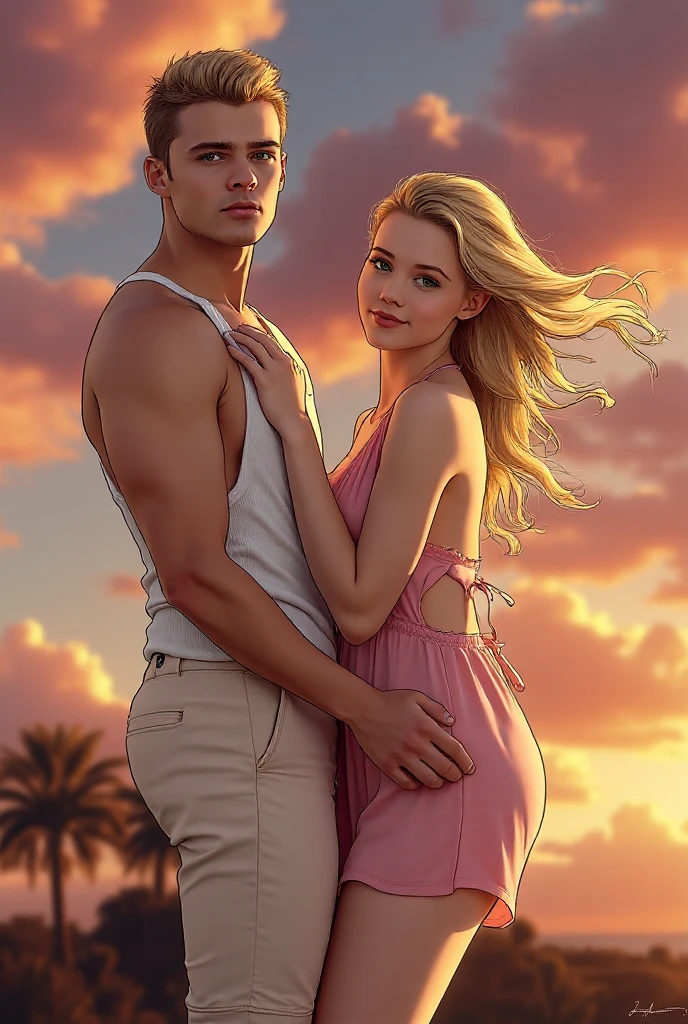 Generate the image of a couple.
The beautiful Ana de Armas, gold eyes, short wavy blonde hair.
And the beautiful Chris Evans.
Both in a beach house, the scene denotes sensuality and passion.