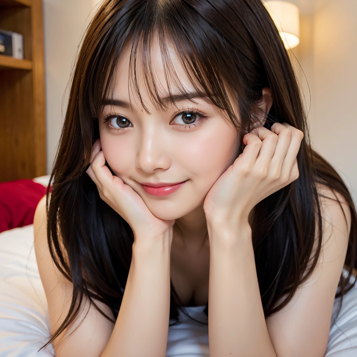 Highest quality、Ultra-high resolution、(Photorealistic:1.4)、1 girl、off-the-shoulder white shirt、(Big Breasts:1.2)、Beautiful smile、A happy smile、Cute Smile、Applying lipstick、gorgeous