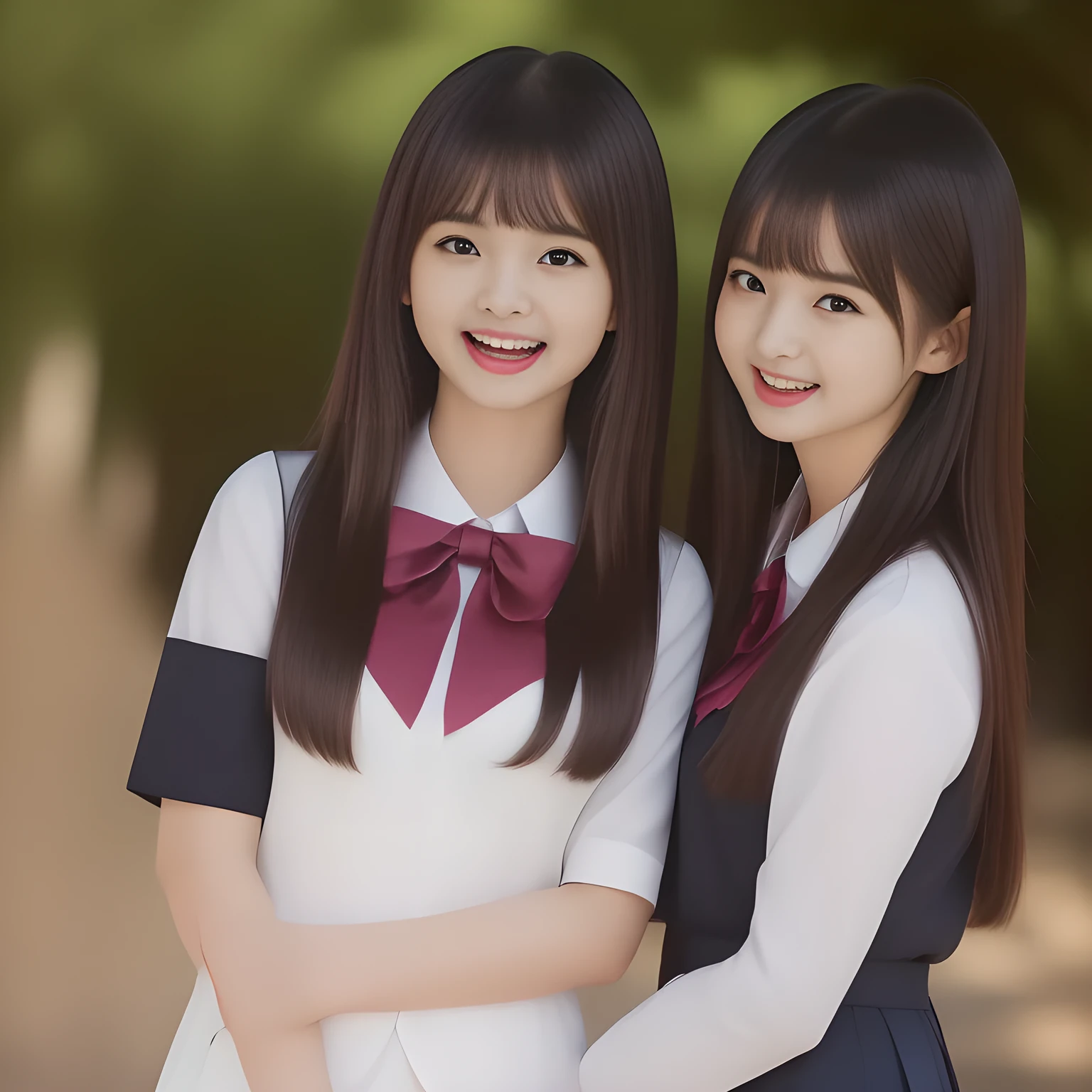 (highest quality, masterpiece, high resolution:1.2), 4K, (Photo quality detailed foreground: 1.2), geometry, (Two noble alluring succubi of Cute noble beautiful slender girl girly very-long-hair Japanese photo model are attending a allusion ceremony for the viewer, wares expensive formal girly suit: 1.8), (Using expensive face-whitening cosmetics to make her skin more beautiful and pure by professional makeup artist: 1.5), ((Dark blue) Girl's graduation suit, puffed short sleeves, neat dark blue pleated east-boy skirt: 1.2), (Dark red glossy glossy school ribbon on the breast: 1.0), (Extremely laughing cheeks: 1.8), (Beautiful light-amber large clear protruding eyes with balanced and detailed cutely: 1.4), (double eyelids: 1.0), (highly curled bangs: 1.2), (Expressing the greatest joy with her whole body: 1.2), (Glossy lips: 1.0), (too long very straight hair reaches her hips: 1.7), (cute earrings), (making the viewer crazy with her beautiful hands: 1.6), (white and clear skin: 1.0), (Very shy, cute, slender, pretty, pretty, too girly & Girlish: National Beautiful Girl Grand Prix winners: 2.0), (Everything is organized to have strong effect of hypnosis for the viewer to fall into happy dream with many beautiful girls: 1.5), (The viewer must be transferred to the world of only beautiful girls right now when he sees the prominent eyes of girls in the picture: 2),(Tight waist, slender: 1.5), (The girls know well about the viewer's super fetishism for school uniforms, and satisfies it completely: 1.7),