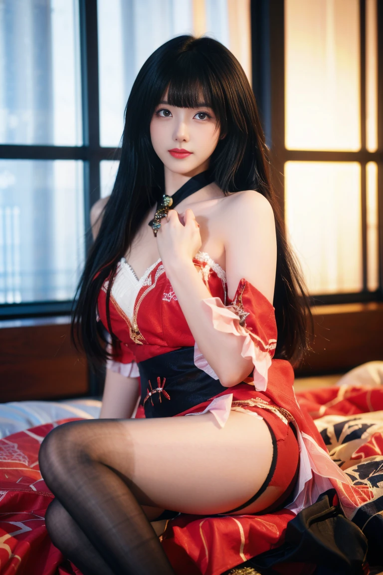 Red kimono open shoulders open legs beautiful breasts stockings black background red rose petals