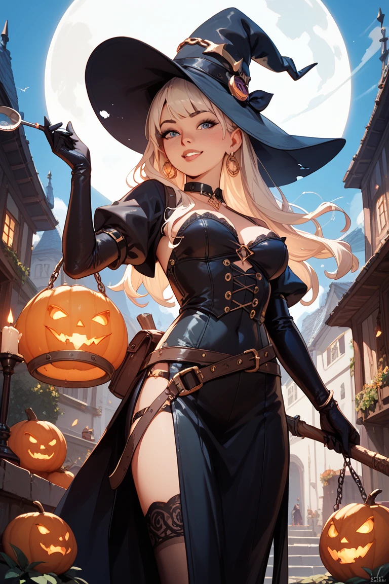 score_9, score_8_up, score_7_up, 1girl, solo, blonde hair, long hair, twin tails, blue eyes, seductive, witch outfit, black corset, high contrast, gothic style, thigh-highs, stockings, leather gloves, black boots, dark background, seductive pose, looking at viewer, highly detailed, fantasy, spider web design, black hat, cape, indoor setting, lingerie, intricate design, latex, cosplay, side view.