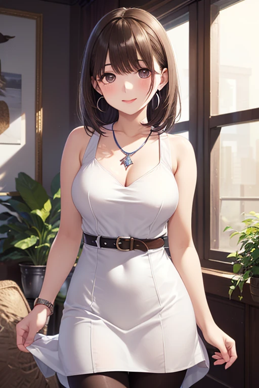 ((((highest quality))))、(((Ultra-precision CG16K wallpaper)))、(((masterpiece)))、(((Super detailed)))、(((super extreme details)))、((1people's women:1.5))、Mature 24 year old woman、((Japanese face))、((very beautiful face))、((Mai Shiraishi:1.5))、((straight semi-long hair、blunt bangs:1.5))、(shiny brown hair)、beautiful delicate eyes、brown eyes、raised eyebrows、high nose、small nostrils、small mouth、seductive lips、beautiful breasts、((C cup size breasts))、cleavage、plump body、(Chubby body type)、perfect proportions、perfect anatomy、perfect composition、beautiful detailed shading、beautiful natural lighting、beautiful detail glow、Depth of the bounds written、(((High chroma)))、(((real:1.9)))、((vivid:1.5))、((edge:1.6))、((beautiful skin))、((skin texture))、((realな皮膚感))、(((cowboy shot:1.8)))、((Front view、Low - Angle:1.8))、((shy smile:1.5))、(Eyes looking at me:1.5)、Bright daylight、Natural light、(((garden:1.5)))、(standing pose:1.5)、(((Dark grey off-shoulder ribbed mini dress:1.6)))、((earrings、wearing necklace:1.3))、