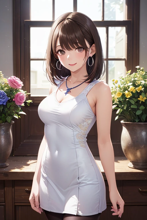 anegasaki nene、Shiny brown hair, short hair, (Beautiful brown eyes、Sparkling eyes, Fine grain)、smile、Super detailedな目、Highly detailed face, Highly detailed eyes,Cowboy Shot、



((4K, 8k, Highest quality, Perfect Fingers, High resolution)), 

(masterpiece:1.3, Highest quality, 超High resolution, Super detailed), (Realistic, photoRealistic:1.4), Beautiful illustrations, Perfect lighting, Natural light, Depth of written boundary, Beautiful detailed hair, Beautifully detailed face, Beautiful attention to detail, Beautiful clavicle, Beautiful body, Beautiful breasts, Beautiful thighs, Beautiful feet, Beautiful Hands, View your viewers,

 1 person,  (Perfect Anatomy, Anatomically correct), Cute and symmetrical face, Baby Face, Perfect Face, Perfect Eyes, Glowing Skin, (Attractive thighs), 
(Light brown dress), (Beautiful views), evening, (Outdoor), Are standing, (かわいらしいsmile, Upward glance, Lips parted), (Innocent look) (Big eyes)