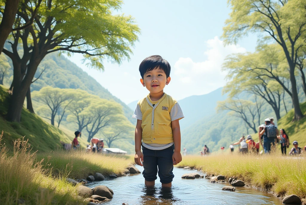 ((masterpiece), (best quality), (raw photo), (photorealistic:1.4), Highly realistic photo, Portrait of a boy 6 year old Vietnamese, ((checkerboard white shirt)), ((black hair)), The light from above shines down, background in forest, photo taken in 1975 by Fujifilm XT3