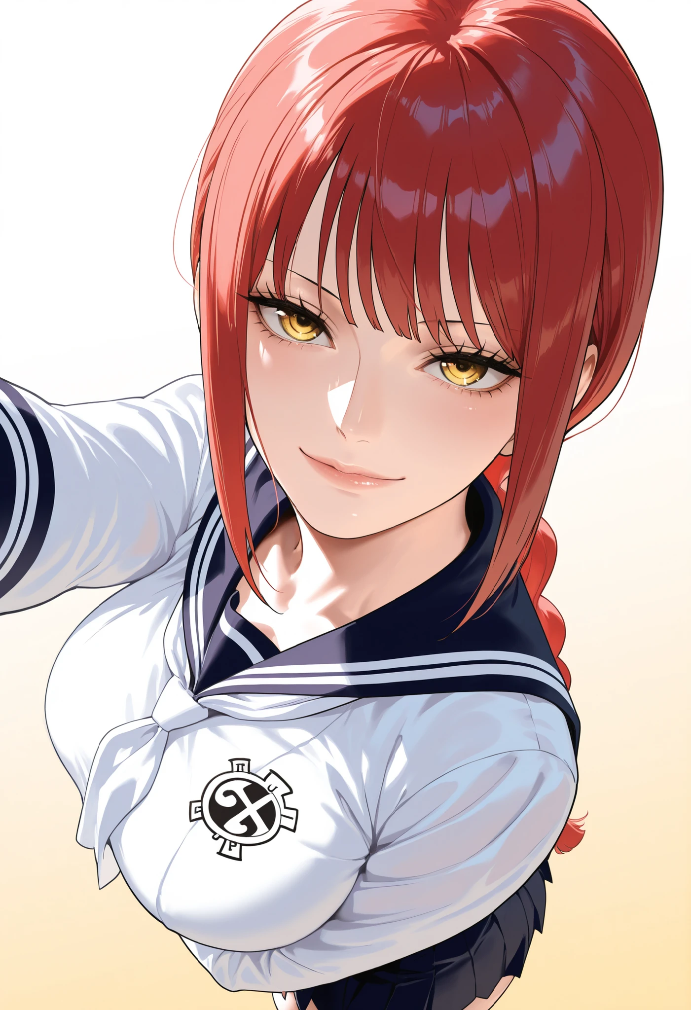 masterpiece, best quality, amazing quality, 1girl, (Makima , One Piece, yellow eyes, red hair), wearing School uniform, Pleasure Face, close up shot, simple background, medium size , golden ratio face, sexy pose, Pinkish skin tone, smooth and soft skin, shiny skin, standing, Standing up, top view, side view, selfie, showing, (nsfw:1.2), student uniform, japanese student