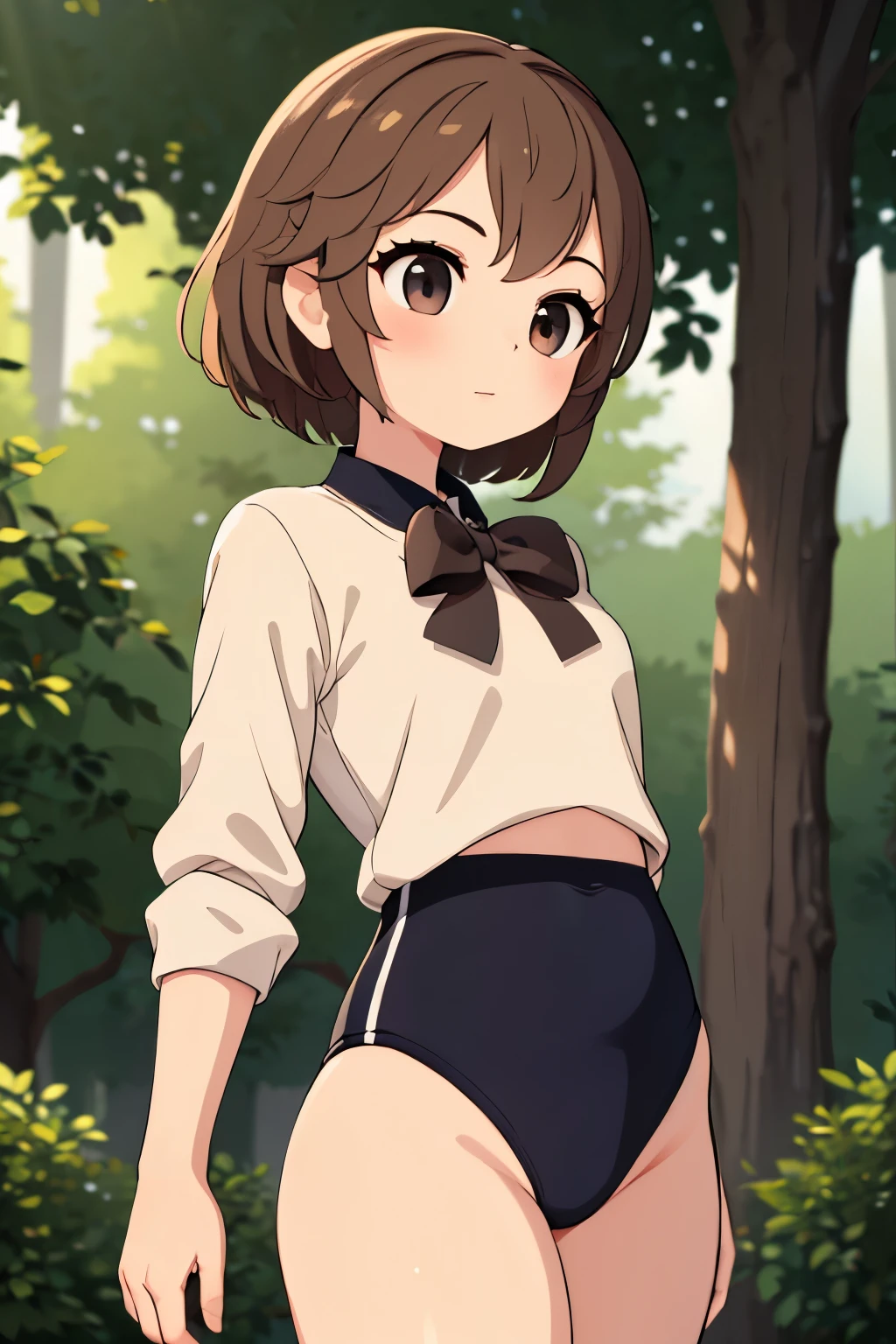 (masterpiece, highest quality), 1 girl, beautiful face, beautiful body, wearing a Black gymnastics bloomers, High leg、white blouse, cowboy shot、Are standing、full body portrait、alone, complex details, enlarged textures, complex details, finely detailed eyes and detailed face, intricate details, (closed mouth), perfect eyes, equal eyes, perfect body, extremely detailed, (), extremely realistic 3d,In a dark forest、