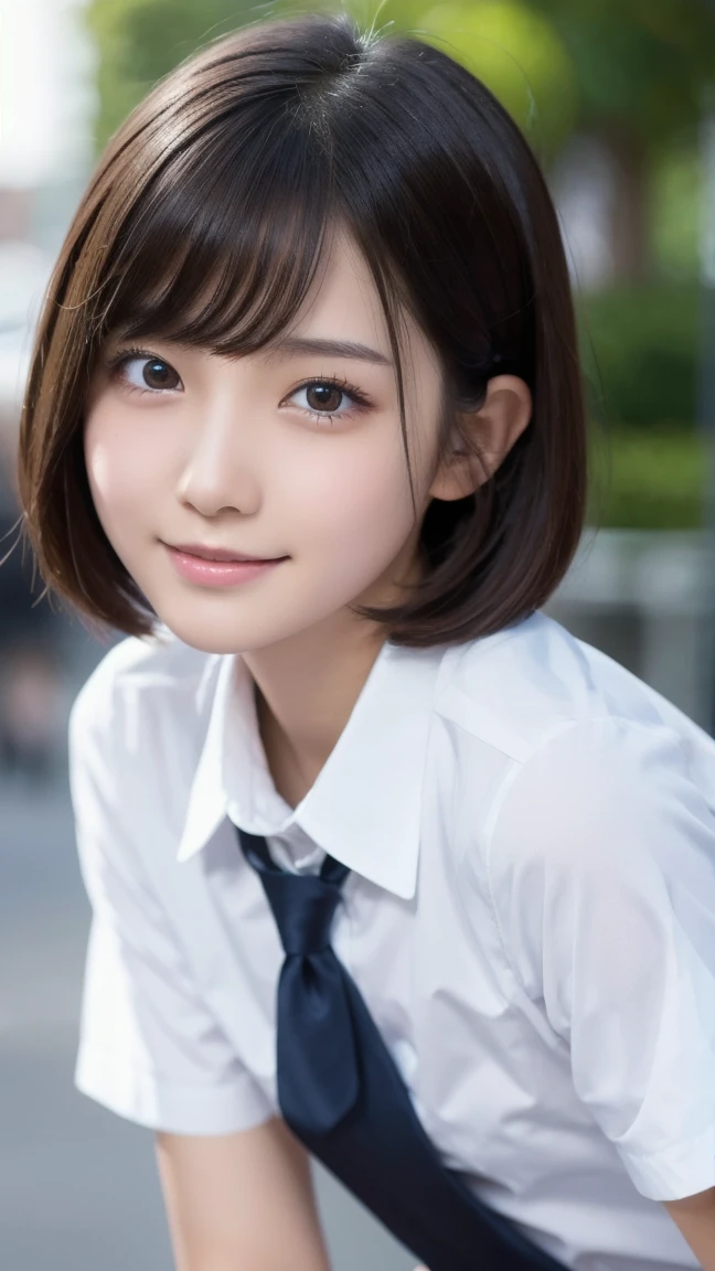 (Beautiful  drawing on a blackboard:1.4), , (Highest quality:1.4), (Very detailed), (Very detailed美しい顔), Short sleeve, (school uniform:1.5), Great face and eyes, iris, Medium Bob Hair, The Beauty of Japan, (Skinny body type:1.1), (Flat Chest:1.3), smile, Open your mouth, (Scribbled blackboard:1.4), Smooth, Very detailed CG synthesis 8k wallpaper, High-resolution RAW color photos, Professional photography, Light, BackLight, dream-like, impressive, Written boundary depth, (Face close-up:1.5), (Shooting from behind:1.3), BREAK(School classroom:1.3)