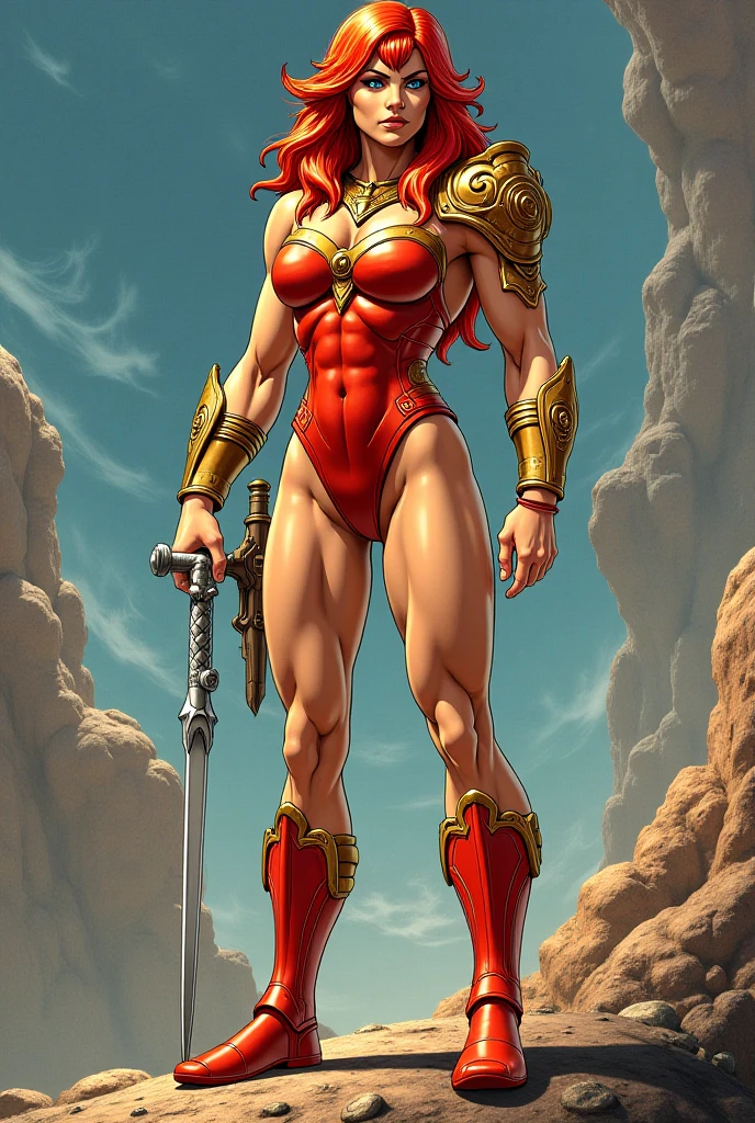 Anime style. Gorgeous blonde haired female. Evil mastermind wearing a full face golden mask and a tight white bodysuit with ornate golden trim designs. Fighting and killing a costumed hero, explosions, blood everywhere, bodies lying in the streets.
