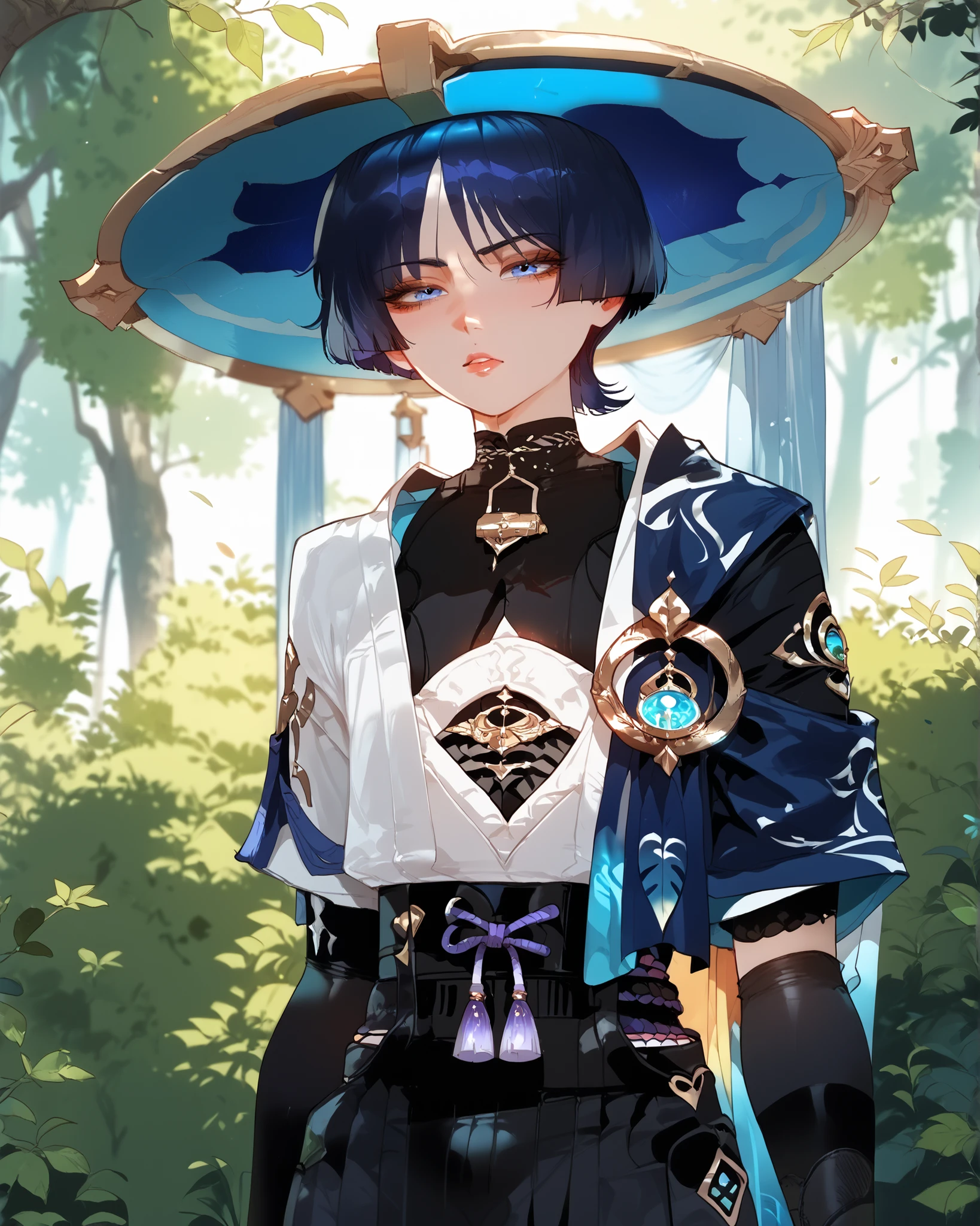 scaramouche), gothic femboy, Forrest, bushes,