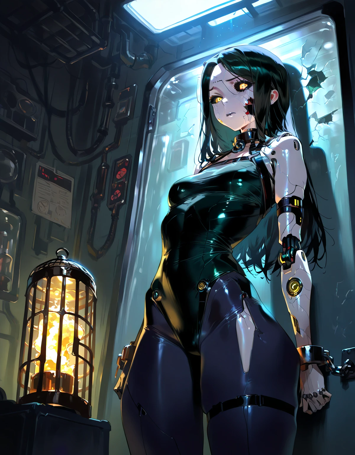 girl similar to gorillaz noodle, long black hair with braids ((drawing)), ((anime girl nose)) , a humanoid standing in front of a mirror with her back torn showing the circuits and metallic parts , deviantart, summer glau, an incredible photo, reminiscent of blade runner, skinny girl, tank girl style, art inspired by Jamie Hewlett.