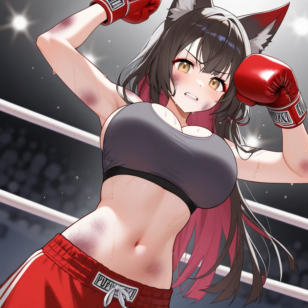 individual,Beauty,Realistic boxing gloves,Boxing action,Knee socks,Black fun underwear,sexy,Big breasts,long legs,cleavage,Boxing ring,sweating,8k,Super detailed,high quality,long hair,Cat ear
