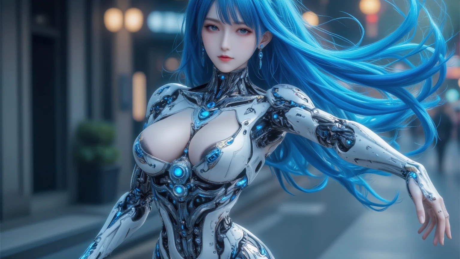 (RAW shooting、highest quality、masterpiece)、(genuine、photogenuineistic)、(Super detailed)、Very detailed CG、8K、アンgenuineエンジン、3D rendering、beautiful mechanic、((high contrast))、(High chroma)、(sharpness)、((very delicate and beautiful))、reflected light、highly detailed background、(cyber punk、machine city、future city)、 ((anatomically correct))、one woman、light blue hair、shortcut、beautiful and delicate hair、(detailed beautiful eyes、detailed beautiful face)、highly detailed skin、((very shiny skin、juicy skin))、gloves、Red metallic painted cyber suit、very shiny surface、cleavage、((cowboy shot))、bicycle、combat vehicle、combat mecha、action pose、fighting pose、model pose