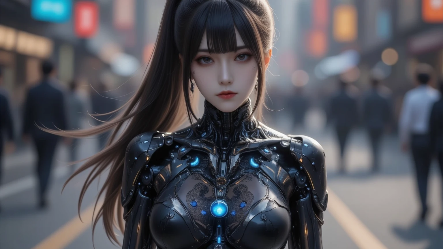 Best quality, delicate face, , slender body, body made of metal, plump breasts, light smile, metal structural skeleton, seaside, standing posture, beach, huge spaceship floating in the air, cyberpunk, sci-fi
