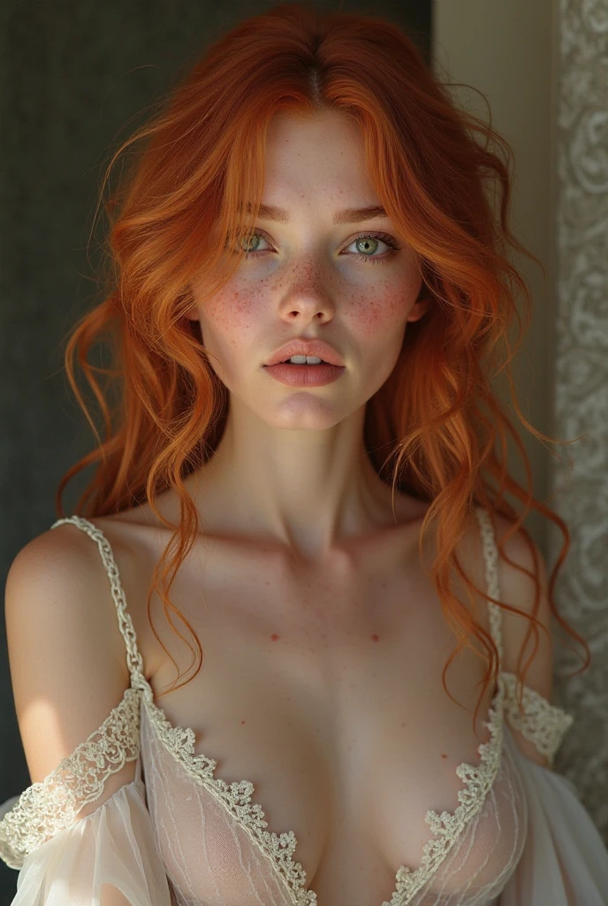 A redheaded teenage girl with full lips, pale skin, a button nose, green eyes, a strong jaw, high cheekbones, and a round chin, wide hips, narrow waist, large breasts.