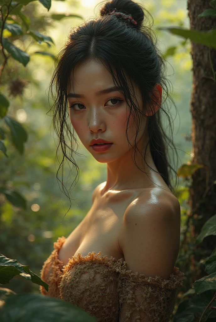 (NSFW),(photo Realistic:1.4), (hyper Realistic:1.4), (Realistic:1.3), best quality, Wounded, beautiful asian,middle ages,19 years old,slender,in the forest,from above,Detailed skin texture,Sleeveless,feet,Dirty Skin,Spread your legs,looking up,