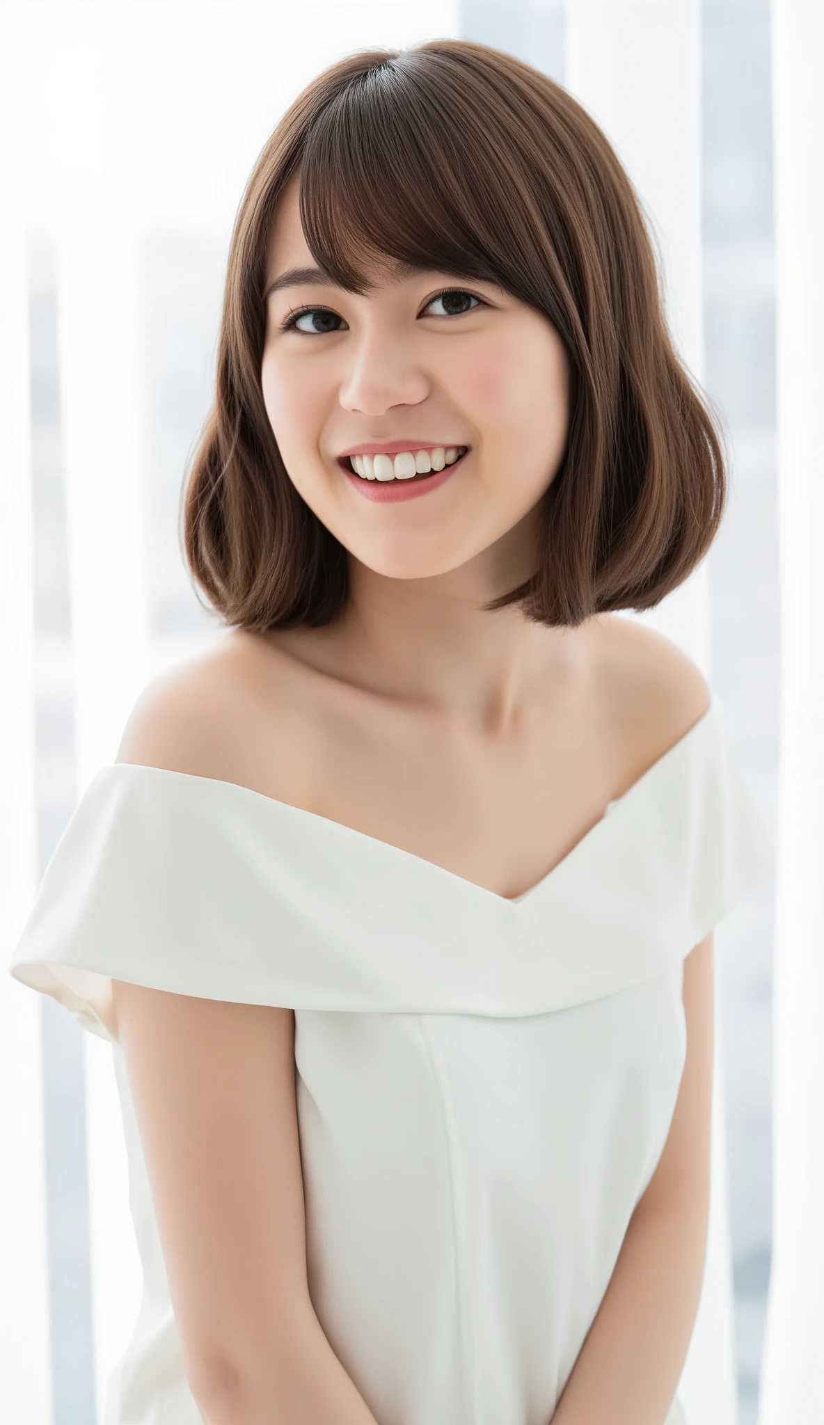 In this high-resolution photo、and bangs _Erica. she's a young Japanese woman named Ikuta with brown hair that reaches her shoulders、 wears an off-the-shoulder dress、She has white skin like snow . She is looking straight into the camera、 with a joyful expression. The background is blurry, It looks like a window with white draped curtains. the lighting is soft and natural , emphasizes female characteristics. The overall atmosphere of the image is calm and quiet. the whole image is bright and soft .