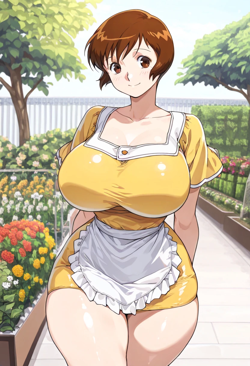 masterpiece, highest quality, High resolution, One girl, alone, sexual intercourse, Pornographic images, short hair, etsukoto, Brown eyes, fine grain, fine grain, (((Thick thighs, Plump thighs, Voluptuous thighs, Thighs alone are enough))), Huge and ample breasts, Cleavage, Huge long breasts, Naughty big,((Big breasts are important))、((Naughty thighs)), L Cup, (thin:1.4),(Tight waist:1.4), (Yellow Dress:1.4), ((white waist apron)), White panties, anguish, :o, blush, (((Simple Background))), ((Wide Hips)), Shiny, Oily skin, Mature mother, Calf, Seductive mature woman, Perfect body, Plus Size Model, etsukoto, blush, clavicle, retro artstyle, 1990s (style), ((grabbing own breast byself)),