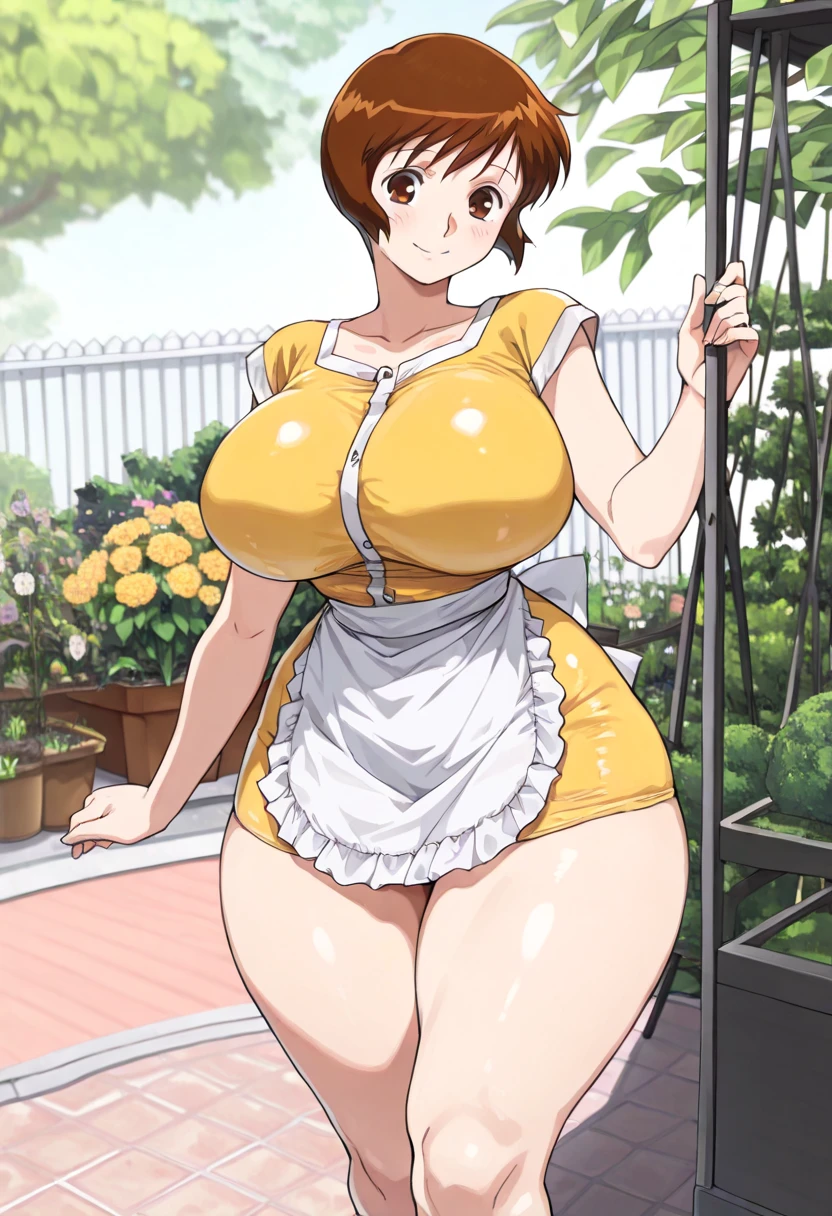 masterpiece, highest quality, High resolution, One girl, alone, sexual intercourse, Pornographic images, short hair, etsukoto, Brown eyes, fine grain, fine grain, (((Thick thighs, Plump thighs, Voluptuous thighs, Thighs alone are enough))), Huge and ample breasts, Cleavage, Huge long breasts, Naughty big,((Big breasts are important))、((Naughty thighs)), L Cup, (thin:1.4),(Tight waist:1.4), (yellow dress:1.4), ((white waist apron, white panty), Embarrassed look, blush, (((Simple Background))), ((Wide Hips)), Shiny, Oily skin, Mature mother, Calf, Seductive mature woman, Perfect body, Plus Size Model, curvy, ample, etsukoto, blush, clavicle, retro artstyle, 1990s (style), (thick thighs:1.4), (((bursting breast))), bare ass, ((panty pull, panty drop)), from behind, back view, (from side:0.8), nsfw,
