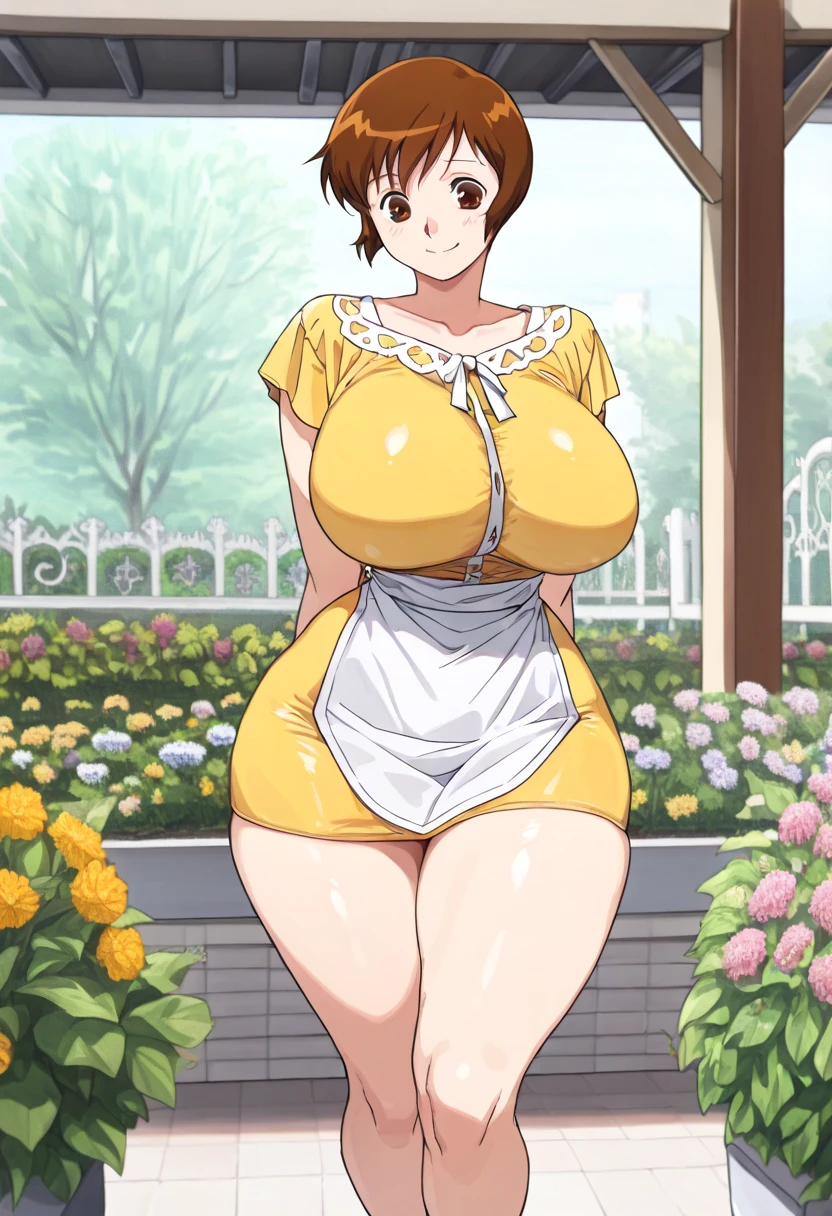 masterpiece, highest quality, High resolution, short hair, etsukoto, Big and ample breasts, cleavage, (Perfect beautiful yellow dress:1.4), ((White waist apron)), White panties, nsfwal face, (((simple background))), Shiny oily skin, Huge long breasts, Naughty big、((Big breasts are important))、Naughty thighs、L Cup、alone,(thin:1.4),(Thin waist:1.4), Mature mother, huge breasts, ((((thick thighs, plamp thighs, voluptuous thighs, ample thighs)))), Calf, Seductive mature woman, Perfect body, Plus Size Model, etsukoto, blush, clavicle, retro artstyle, 1990s (style), (((deep nude, all fours, Half-removed panties))), from back, focus ass, (((nsfw))),
