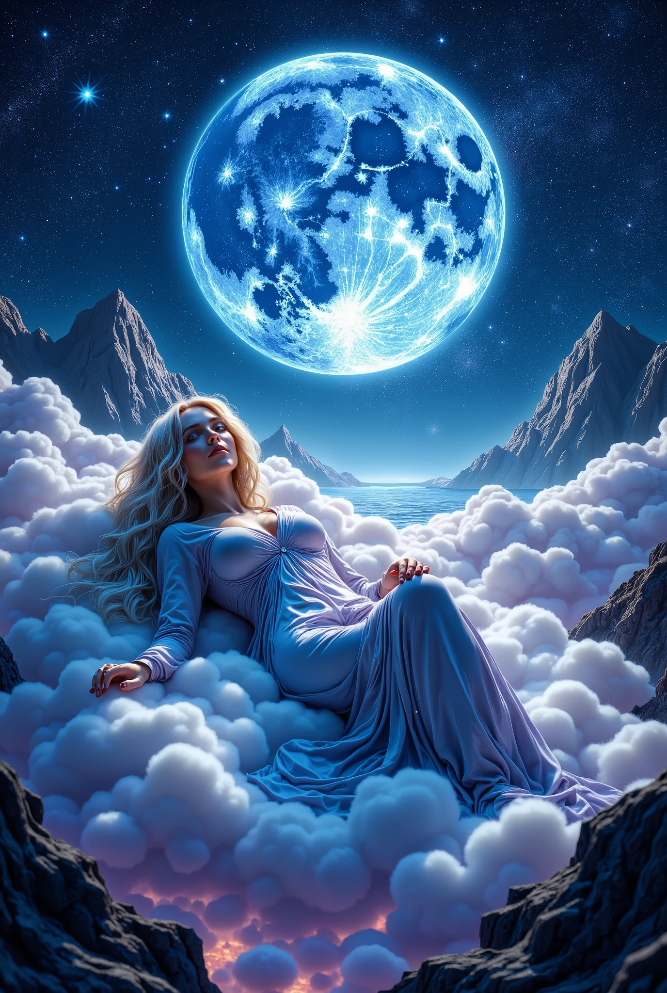 Gecata, creating a sense of mystical atmosphere, stretching across the night sky, , barely covering her beautiful body { x} shimmer with all shades of blue. Her body, beautiful and sexy, The scene is completed in romantic realism style,, that are scattered around her, like a waterfall. with calm strength and wisdom, age around 25 , belongs to a woman with silver-golden hair, gently illuminates her body. her gaze is pointing down , to the ground, the goddess of the moon and the lady of the night sky, with the gentle light of the moon. with soft features and sparkling golden eyes {x} She is wearing a light dark blue cloak with iridescent, like stardust, patterns, She is a Caucasian woman. The light of the moon, illuminated by the gentle light of the moon. predominate Magic patterns in the sky, created from constellations, and the surrounding landscape is slightly blurred, purple and gold, is depicted lying on a cloud. Emphasizing the smooth line of the body, emphasizing the smooth lines and curves. capturing the goddess with a soft focus on the figure, with an emphasis on detail and the play of light and shadow,. The camera is at eye level, The realistic texture of the fabric of the robe and hair, silver-gold hair and soft. Deep, rich colors: dark blue sky, emerald green forests, One hand lies carelessly on her thigh, pearlescent moon light. 8k resolution, Maximum quality, high detail, Masterpiece, beautiful details, covered with dark forests and high mountains, fantasy style,