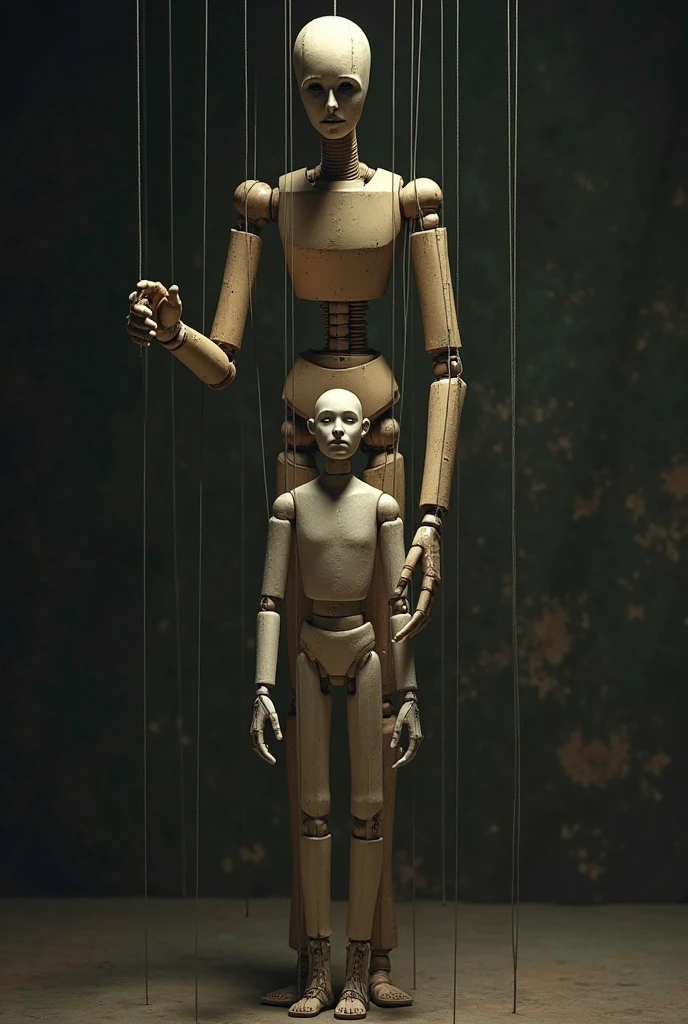 A woman controlling a puppet of a man