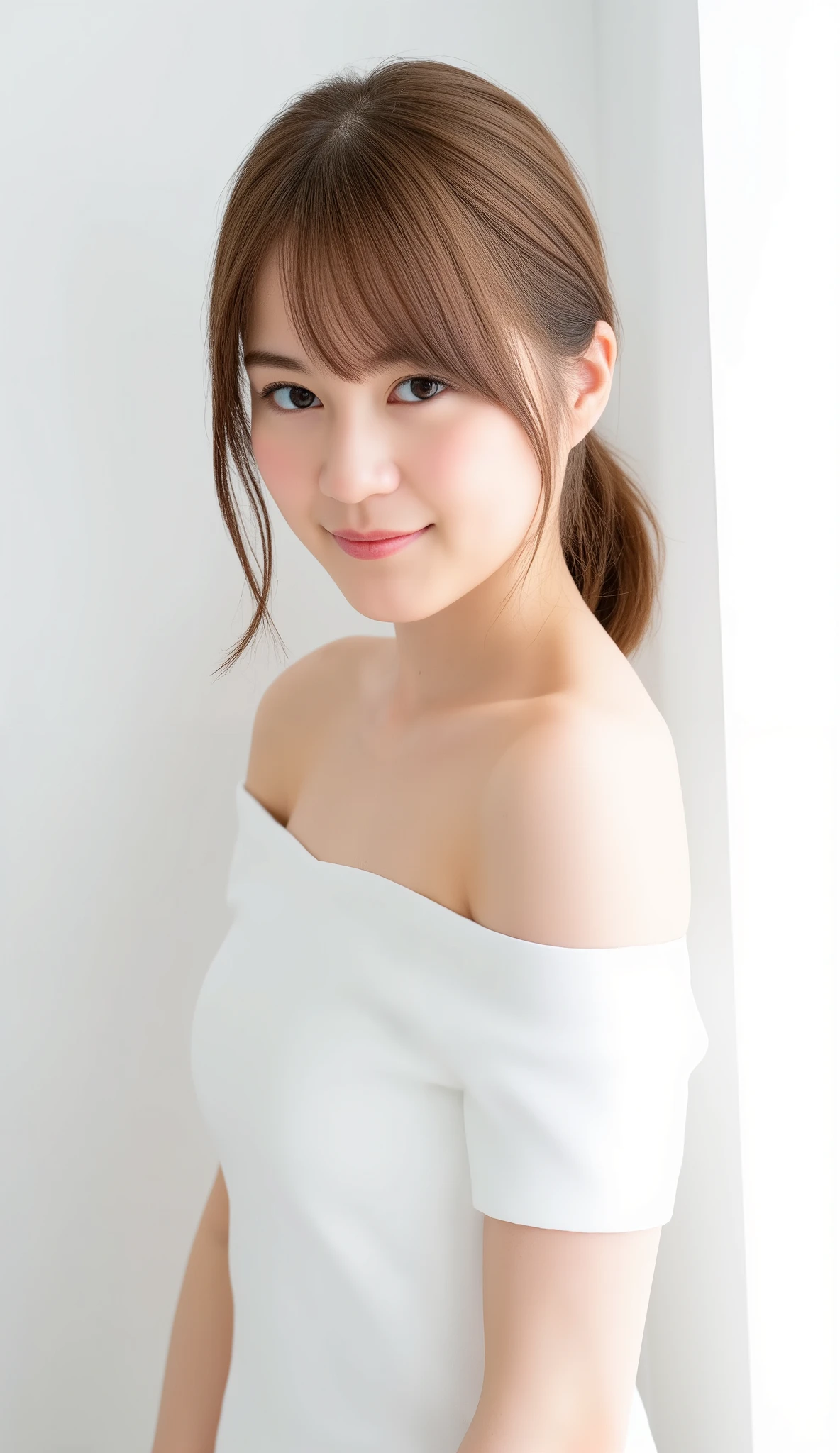 In this high-resolution photo、and bangs _Erica. she's a young Japanese woman named Ikuta with brown hair that reaches her shoulders、 wears an off-the-shoulder dress、She has white skin like snow . She is looking straight into the camera、 with a joyful expression. The background is blurry,  It looks like a window with white draped curtains.  the lighting is soft and natural , emphasizes female characteristics. The overall atmosphere of the image is calm and quiet.   the whole image is bright and soft . 
