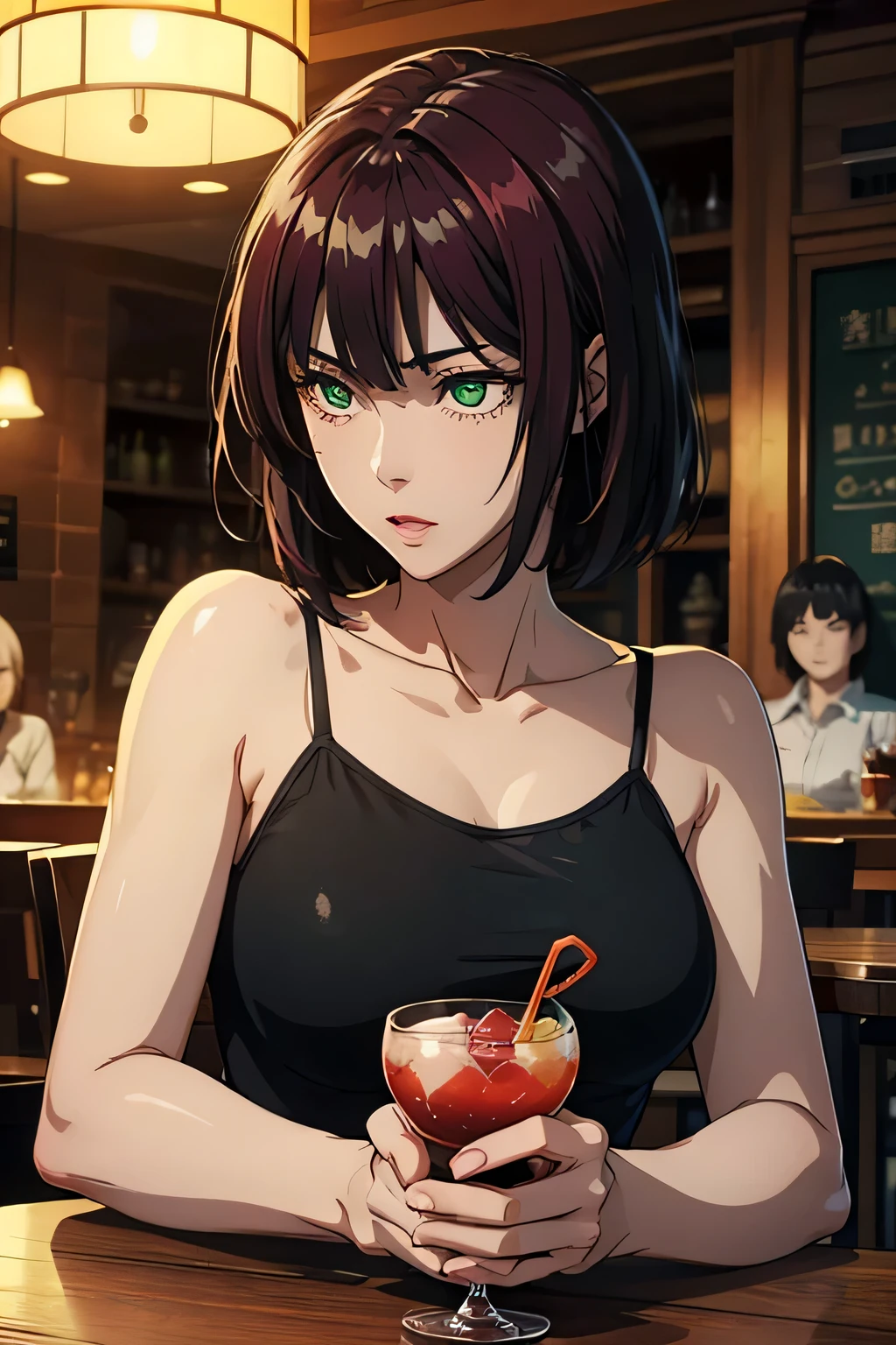 animation,high image quality、high definition、of the best quality、one woman、48 years old、 maroon hair、green eyes、calm atmosphere、black camisole、( One angelic, cute girl holding a cocktail glass )、in the restaurant、Lighting、no one else、