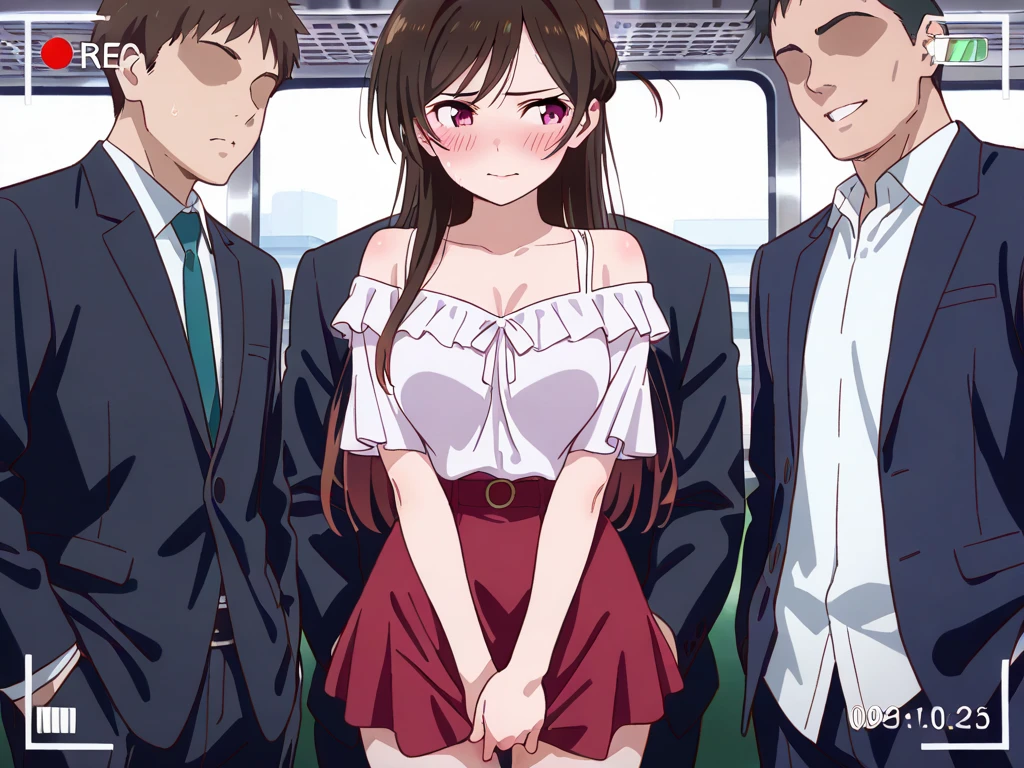 masterpiece、high resolution、high quality, NSFW, perfect anatomy, looking away, ((1 girl and 7 boys)), beautiful girl, perfect girl, beautiful face, big penis, black long hair with bangs, blue eyes, big eyes、dolly eyes, beautiful eyes, cleared eyes, slender、large breasts,  erect nipples、,holding on to the railing of the train,armpits, (looking away:1.4), (train interior:1.3),(crowded train:1.3),
upper body,(white shirts:1.5),
,alternate breast size, breast grab, (a boy,grabbing from behind:1.5)