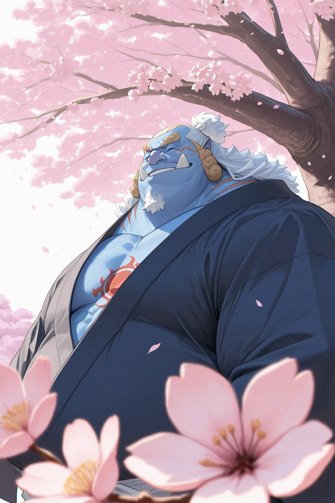 "(1man, solo), Anime character with blue skin standing in snow (jinbei), shirtless, fat Physique, snow.