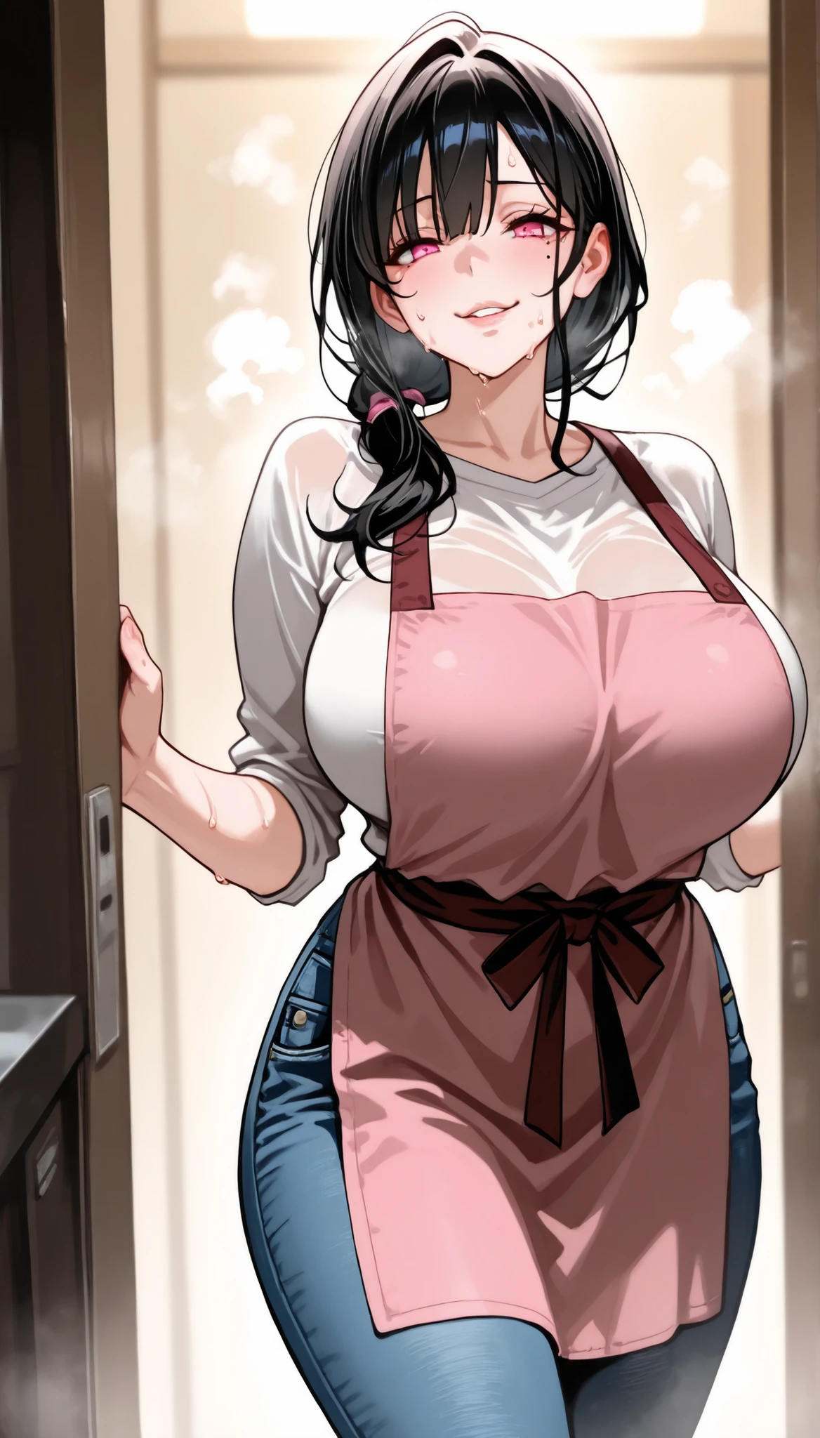 4K, masterpiece, Best Quality, (detailed face and eyes_1.4), detailed skin, Cowboy Shot, detailed, One girl, 2, Mature Body, Big Breasts, Alone, Black Hair, Pink eyes, Mole under left eye, Hair covering the right eye, A small smile, steam coming out of mouth, Open lips, jeans, numb face, Seductive eyes、((steam,sweat)), apron