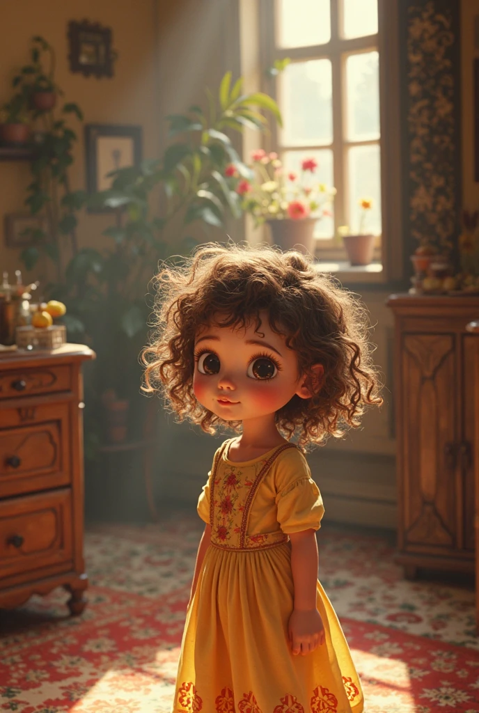 ((best result)), (in focus), (masterpiece), (cute), cabin interior, young girl, curly hair, night