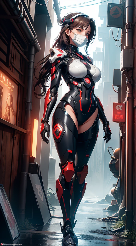 Top quality, super detailed, Super detailed details, fine detail, incredibly beautiful, robot, beautifully detailed eyes, (feminine machine body), (machine joints, machine limbs:1.3), mechanical skin, (Machine internal structure exposure:1.2), (red long hair), (mechanical bikini armor), cowboy_shot, side focus, shiny, (cyber tech punk mask:1.1), cyber punk city,
