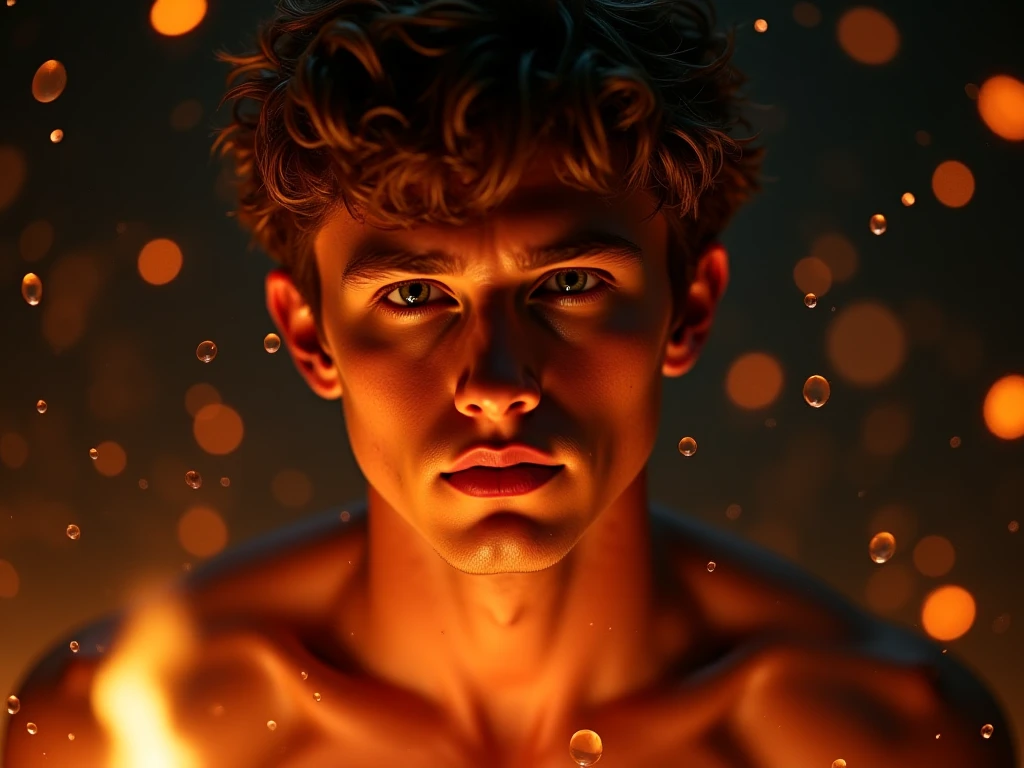 Create a boy, man, male, OF MALE GENDER as God of the sun. With red hair, blue eyes, freckles and Caucasian skin. A realistic image, Please.