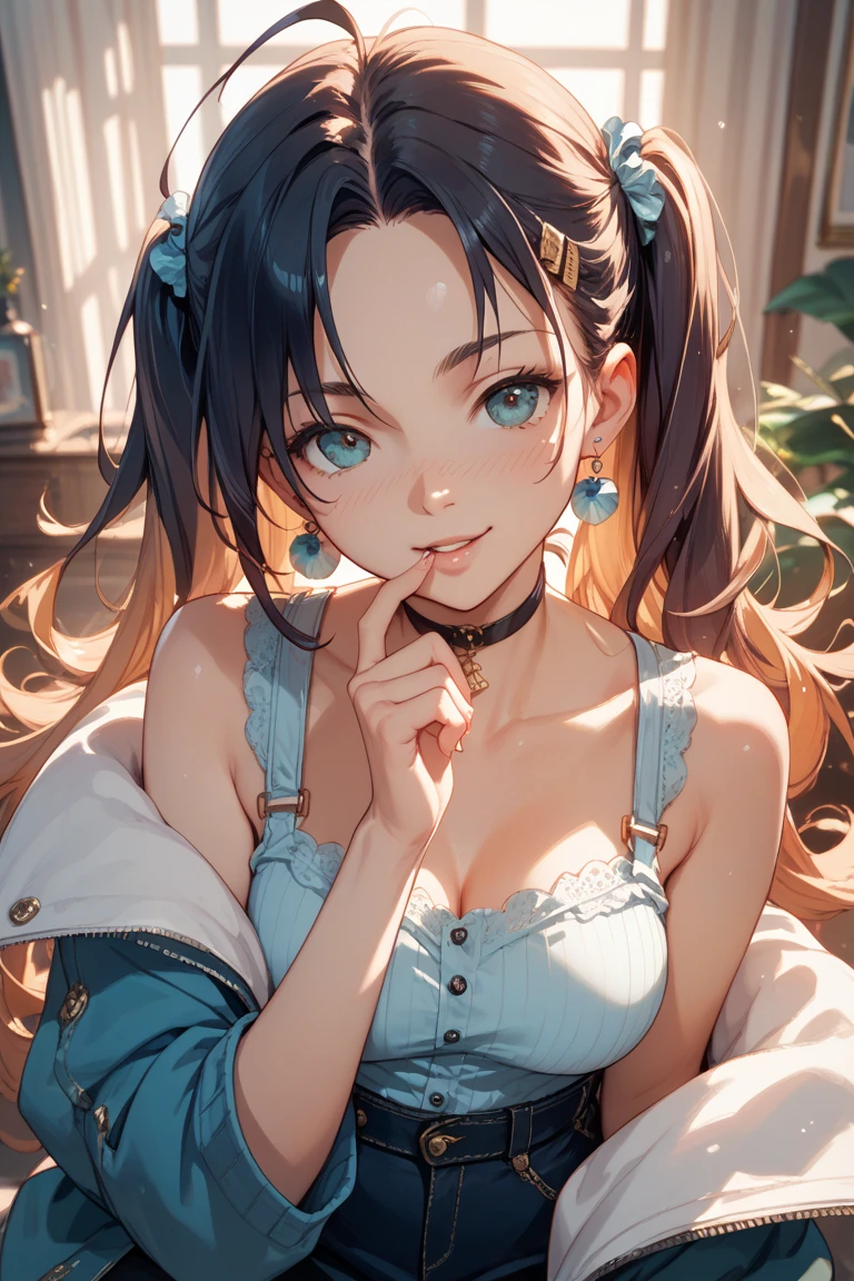 Masterpiece、最high quality、high quality、High definition、High resolution、High detail、Lens flare、Ray tracing method、high qualityの質感、high qualityの影、Beautiful details、Detailed and delicate、Detailed texture、Realistic facial expression、Realistic and colorful、Delicate、Cinematic Light、Side light、Sharp Focus、(1 woman:1.3)、(Intricate details、Makeup、Pure Eros Face_v1:0.5)、(Details Beautiful delicate face、Detailed beautiful delicate eyes、Perfect Facial Proportions、Detailed skin、Charm)、fancy hairstyles、Beautiful bangs、(Two-tone gradient hair color）、slender、(Upturned beautiful breasts)、Raise your arm and make a peace sign、Detailed crotch、Showing off your crotch、Female juice、(Experiencing the best orgasm)、Light-colored mini bra、string bra、Light-colored V-cut、Light-colored thong、Thigh mini skirt、Low-rise mini skirt、Front-button shirt、Crop top、Low-angle composition