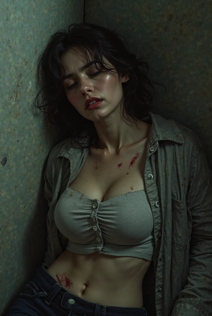 Margot rubi, She is lying on an old stretcher, She has an expression of terror because she is kidnapped, She is wearing a skirt, an open jacket, and in his ear he has old bandages with dried blood, and her abdomen is uncovered, showing her navel