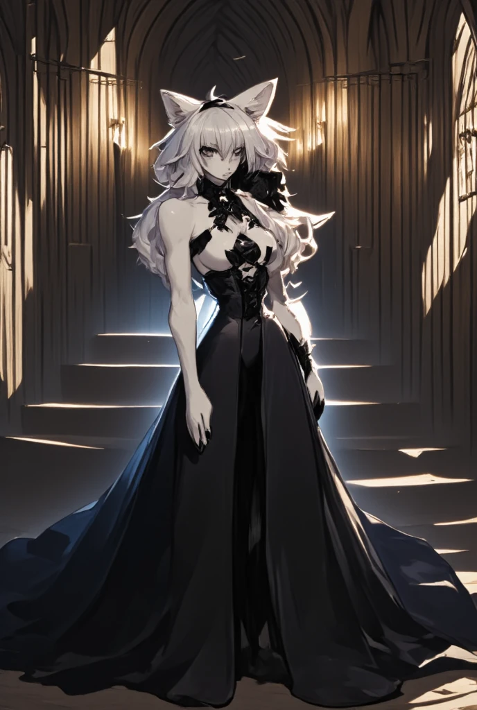 A woman wearing a luxurious black dress, exposed shoulders, large breasts, golden flowers in her hair, white hair, long hair, purple eyes, smiling, golden necklace around her neck, black heels, in a luxury room, marble floor, windows luxury glass. UHD , prime work , accurate , anatomically correct , textured skin , super details , high quality , best quality, 8k, high resolution, bokeh effect. (woman alone)