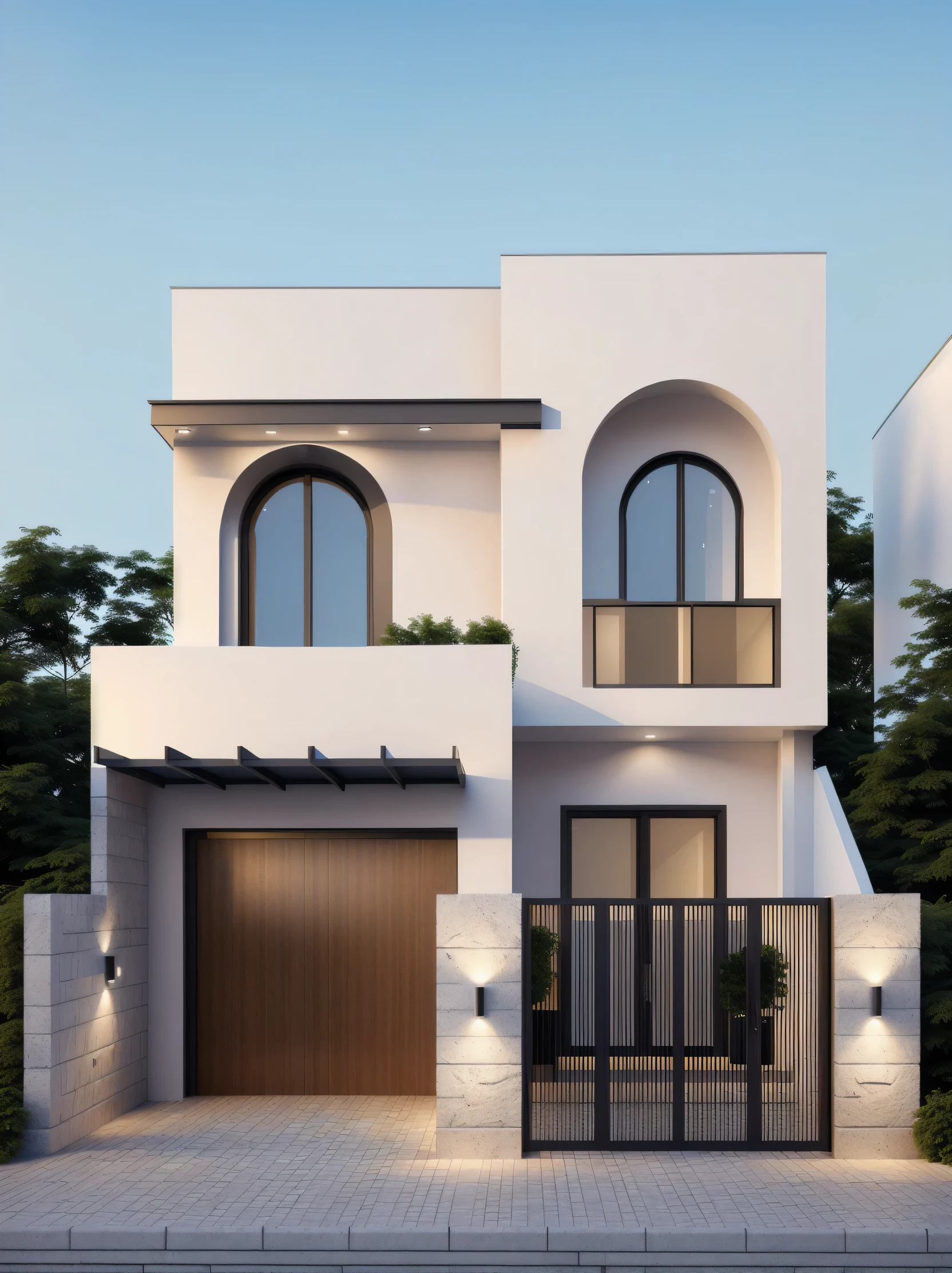 LATFORM KTHOUSE, 1 morden villa, main material of villa about build white wall:1.2 glass panel:1.1 and stone:1.2, 1large yard, 1 road runs in front of the house, (RAW photo, real, best quality, masterpiece:1.2), look morden minimalist, blue sky :1.3, (hyper realistic, photo-realistic:1.2), high quality, (dawn lighting:1.3), perfect lighting, archdaily, ((keep the layout intact))