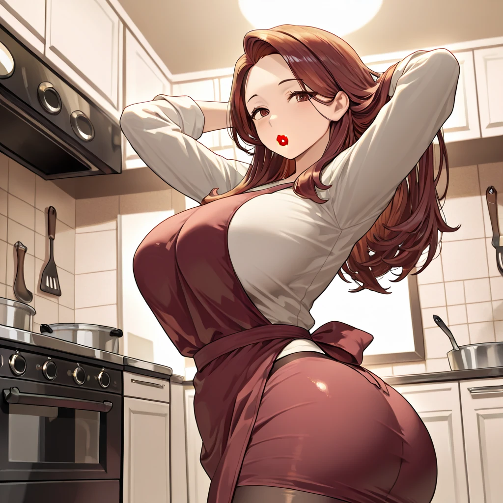 angie diaz, by the cafe, by the wide, Chinese hair, unbuttoned orange shirt (you can see her sexy red bra), big breasts, a lot of hips, dark green long skirt, With one hand she lifts her skirt to show her sexy red panties, with the other hand he opens his shirt, annoyed, in an overloaded kitchen, she brings red and sexy panties, shows her panties,you can see her red panties, her skirt is below her knee, blushing.