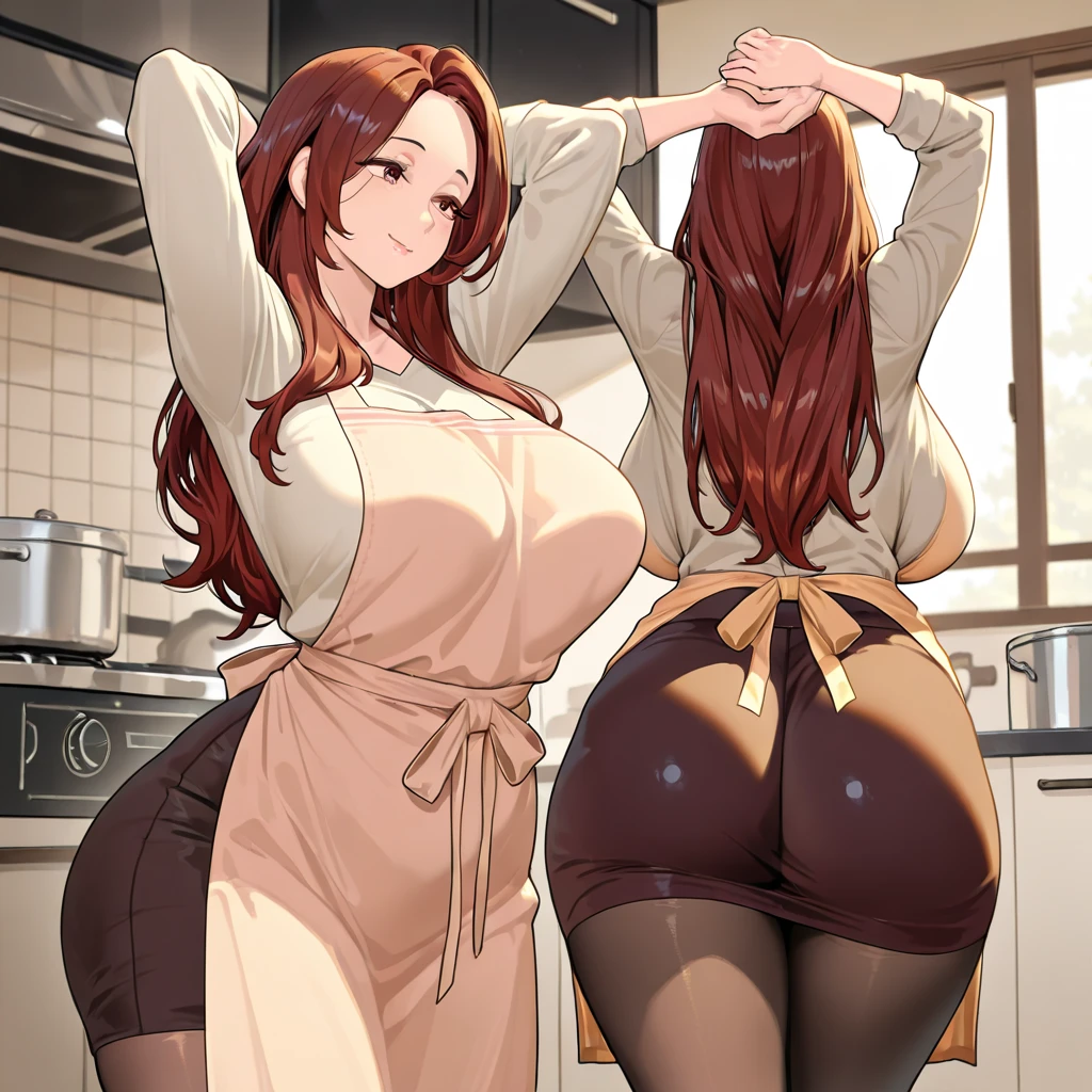 sole girl, MILF, big breasts, big ass, housewife cooking in the kitchen, stand in front of the sink, turn her back on camera, detailed background, detailed arms, very long brown hair, high resolution, (symmetrical clear eyes:1.2), sense of depth, 16k, best quality, masterpiece, detailed illustration