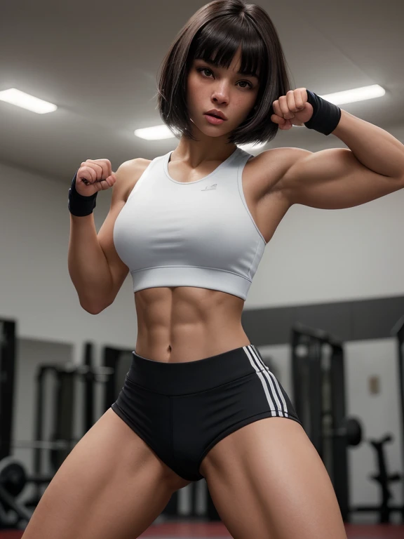 Cute, gorgeous, Caucasian girl, fit, (muscular:1.3), 18, (flexing biceps:1.5), abs, slender, slim, long flowing brown hair, blue eyes, glamorous, seductive, stunning, flawless, perfect, beautiful, cute, pretty, makeup, flirtatious smile, full body, (dressed as school girl), masterpiece, 8k, highly detailed, sexy, SLR lighting, SLR camera, ultra-quality, sharpness, depth of field, film grain (center), Fujifilm XT3, crystal clear, frame center, beautiful face, sharp focus, detailed skin pores, tiny waist, colorful, hyper-detail, dramatic light, intricate detail, photograph by arny freytag, (flexing bicep pose), sexy, (strong forearms:1.3), hyper smoke, dark background