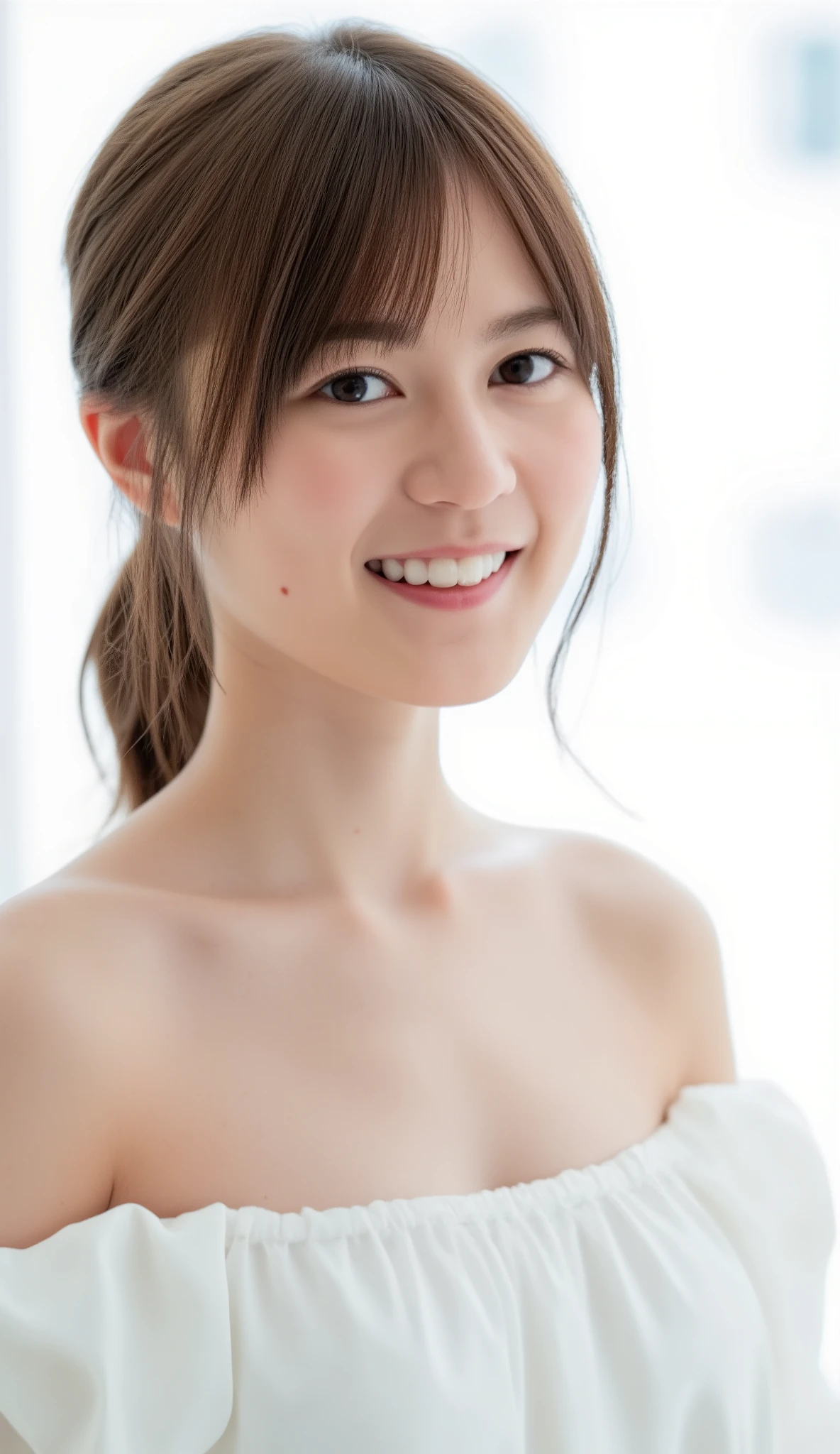 In this high-resolution photo、and bangs _Erica. she's a young Japanese woman named Ikuta with brown hair that reaches her shoulders、 wears an off-the-shoulder dress、She has white skin like snow . She is looking straight into the camera、 with a joyful expression. The background is blurry, It looks like a window with white draped curtains. the lighting is soft and natural , emphasizes female characteristics. The overall atmosphere of the image is calm and quiet. the whole image is bright and soft .
