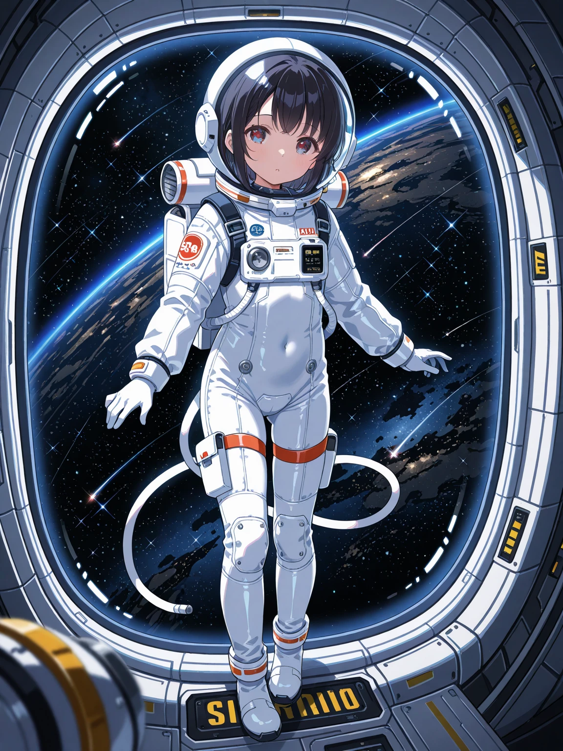 (masterpiece, best quality), solo, ultra high res, 1girl, fullbody, asymmetrical hair, spacesuit, helmet, gloves, night, cute, look at viewer, solo, best quality, ultra high res, ultra detailed, standing in hangar of a space station
