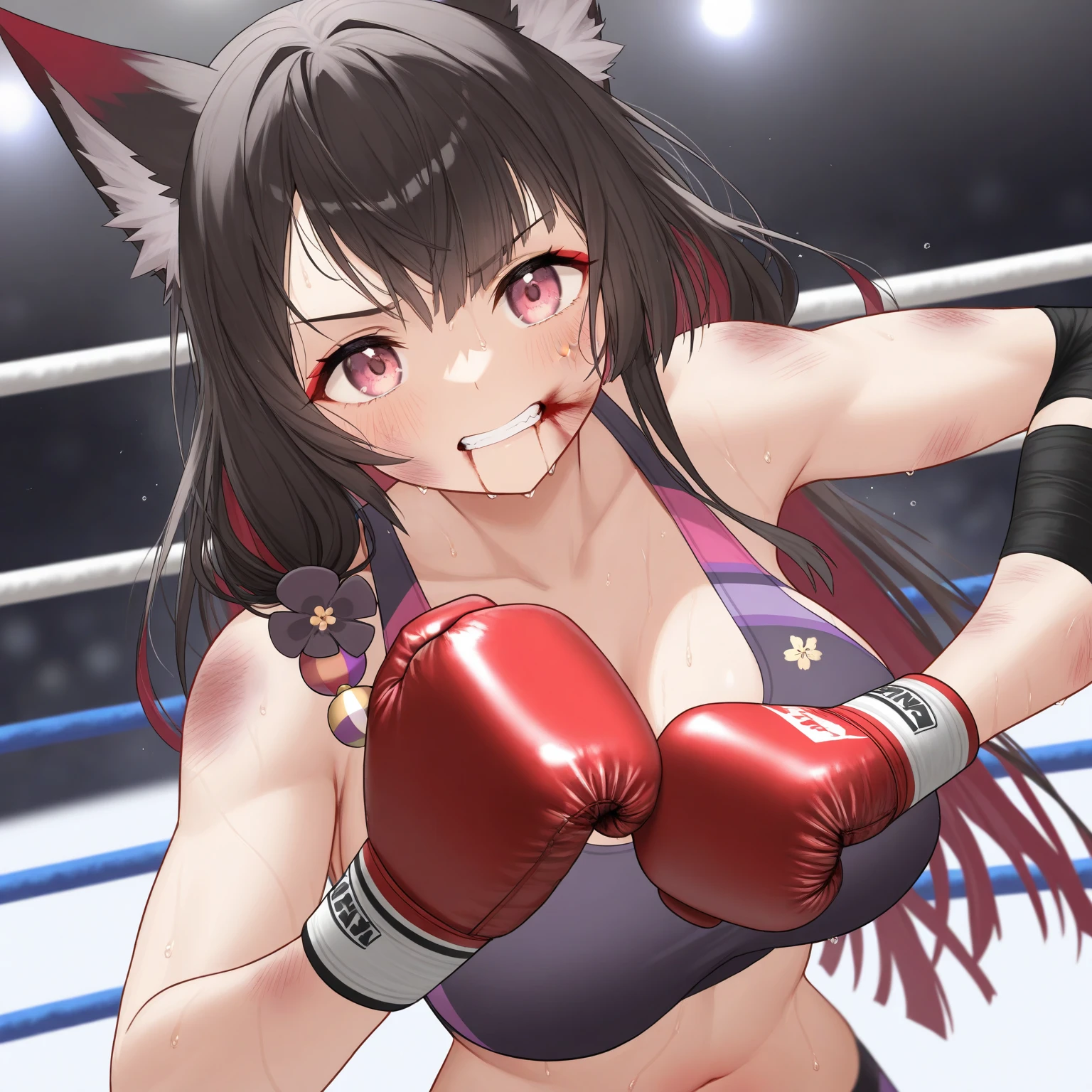 individual,Beauty,Realistic boxing gloves,Knee socks,Black fun underwear,sexy,Big breasts,long legs,cleavage,Boxing ring,sweating,8k,Super detailed,high quality,long hair,Cat ear