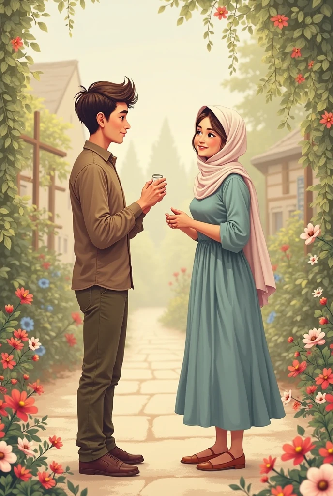 In a small village, there lived two young people named Ali and Zainab. Ali was a hardworking farmer, and Zainab was a teacher in the village school. The two met during a fair, when Ali bought Zainab a toy. Gradually, their meetings grew. Ali's love and Zainab's simplicity brought them closer. Ali always helped Zainab, and Zainab began to understand Ali's dreams. After a few months, Ali expressed his love for Zainab and proposed marriage to her. Zainab gladly accepted. The wedding of the two was a grand ceremony, where the villagers also joined in their joy. Ali and Zainab's love and companionship filled their lives with happiness, and their love became a beautiful example.