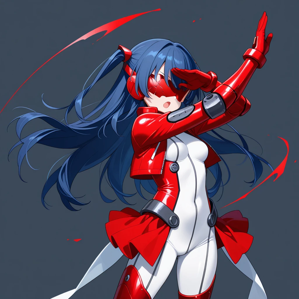 matoi ryuuko, dark armor, magical girl, dragon wings, kill la kill, red hair, large breasts, abs, wide hips, thick thighs, thick arms, pants, standing, black body suit, full body, boots,smile, pullover, miniskirt, black pullover,, black bodysuit, red hair