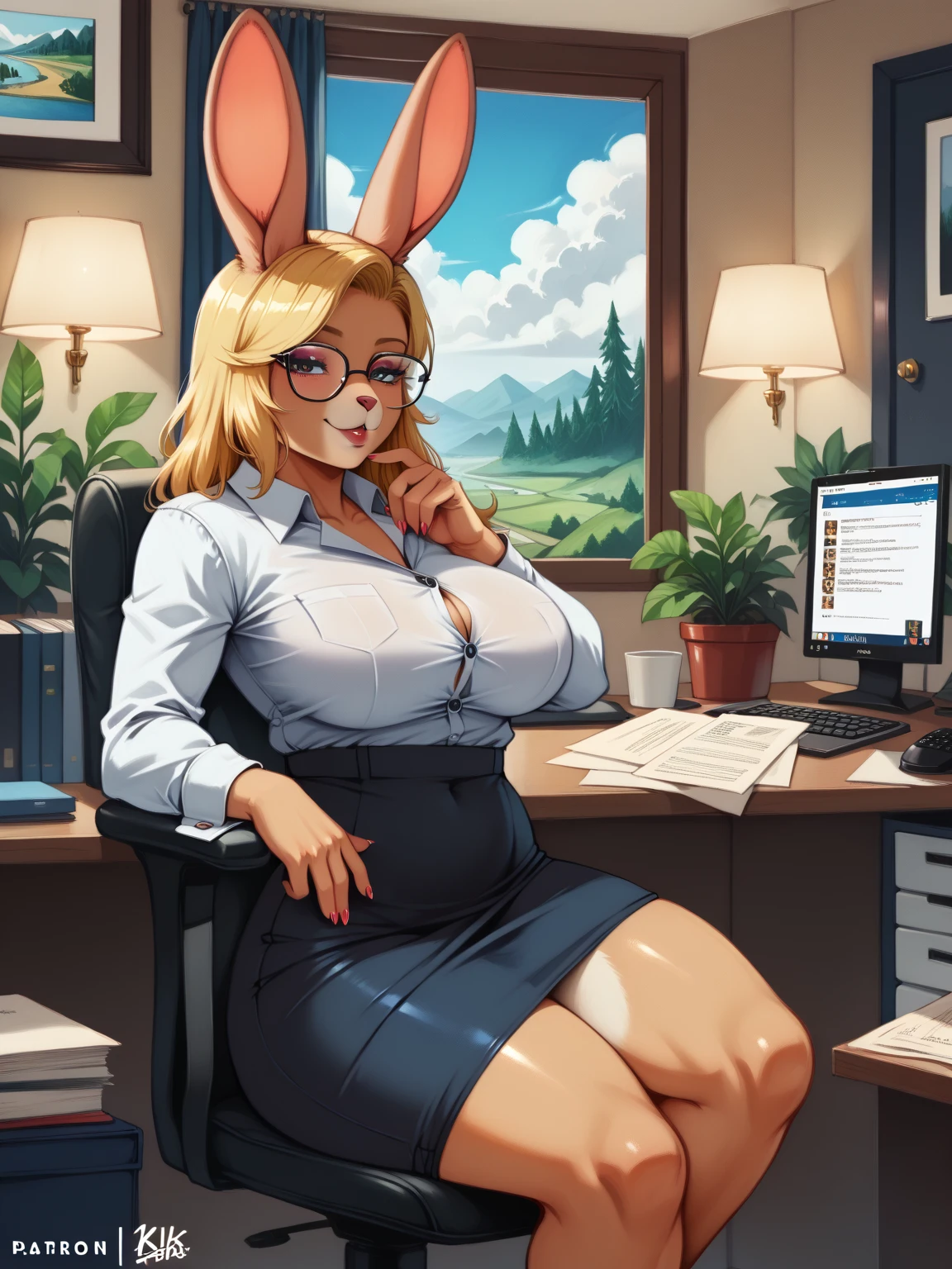 orange rabbit, yellow eyes, human-like, long ears, summer navy blue dress with open belly, blue jean shorts, big breasts, sitting on the security guard's desk in her office, 8K image quality