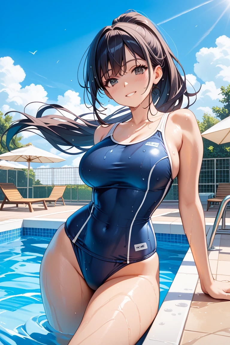 (Highest quality:1.2, Manga works, Manga style, Very detailed, Latest, Vibrant, digital coloring, High Contrast, masterpiece:1.2, Highest quality, Best aesthetics, There is), ((( 1 female:1.2)))、Black Hair、Random hairstyle、Random Face、Realistic navy blue swimsuit、Closed neck one-piece swimsuit、swimwear for racing、Beautiful thighs, Open your mouth, Sensual look、Hollow Eyes、Voluptuous bust、Camel Toe、On a desk in the classroom、From below、Nice body、upright、