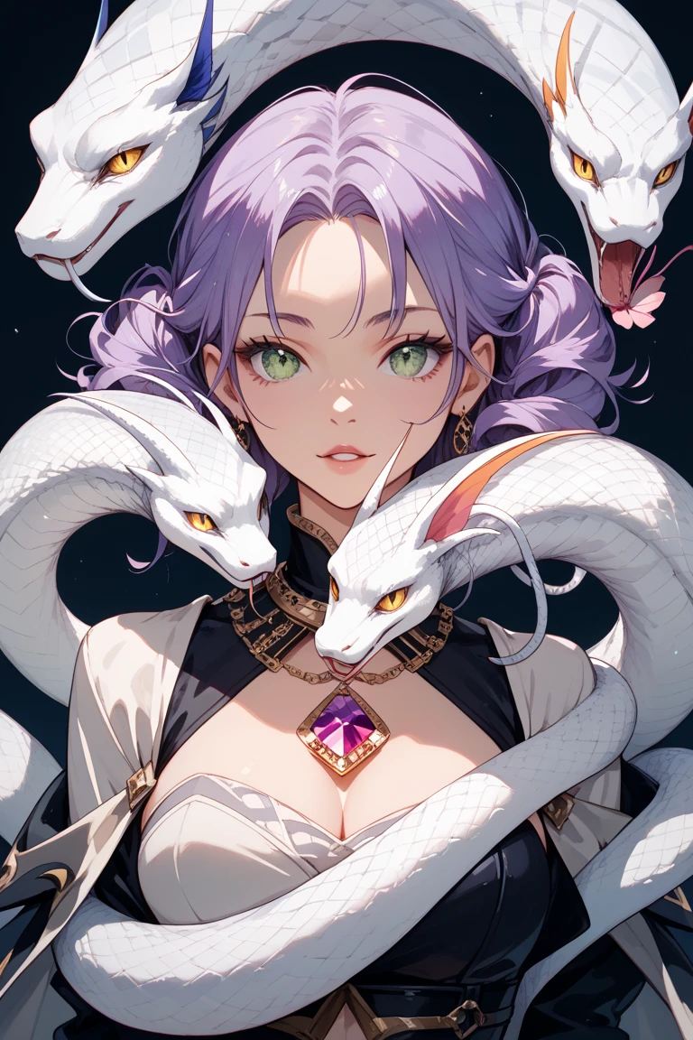 ((ultra quality)), ((masterpiece)), ((gorgon woman)), ((long white curly hair)), ((White hair)), ((White hair)), ((curly hair)),  (beautiful face), (beautiful female lips), charming, ((threatening facial expression)), looks at the camera with a slight smile, (White skin color), (White skin), glow on the body, ((detailed eyes)), ((violet eyes)), (juicy female lips), (dark eyeliner), (beautiful female hands), ((thick body)), ideal female body, beautiful waist, beautiful big hips, big breasts, thick thighs, ((Subtle and beautiful)),  ((With a huge white snake around)) ((huge snake)), (), ((depth of field)), ((high quality clear image)), (delete details), ((High detail)), ((clear focus))